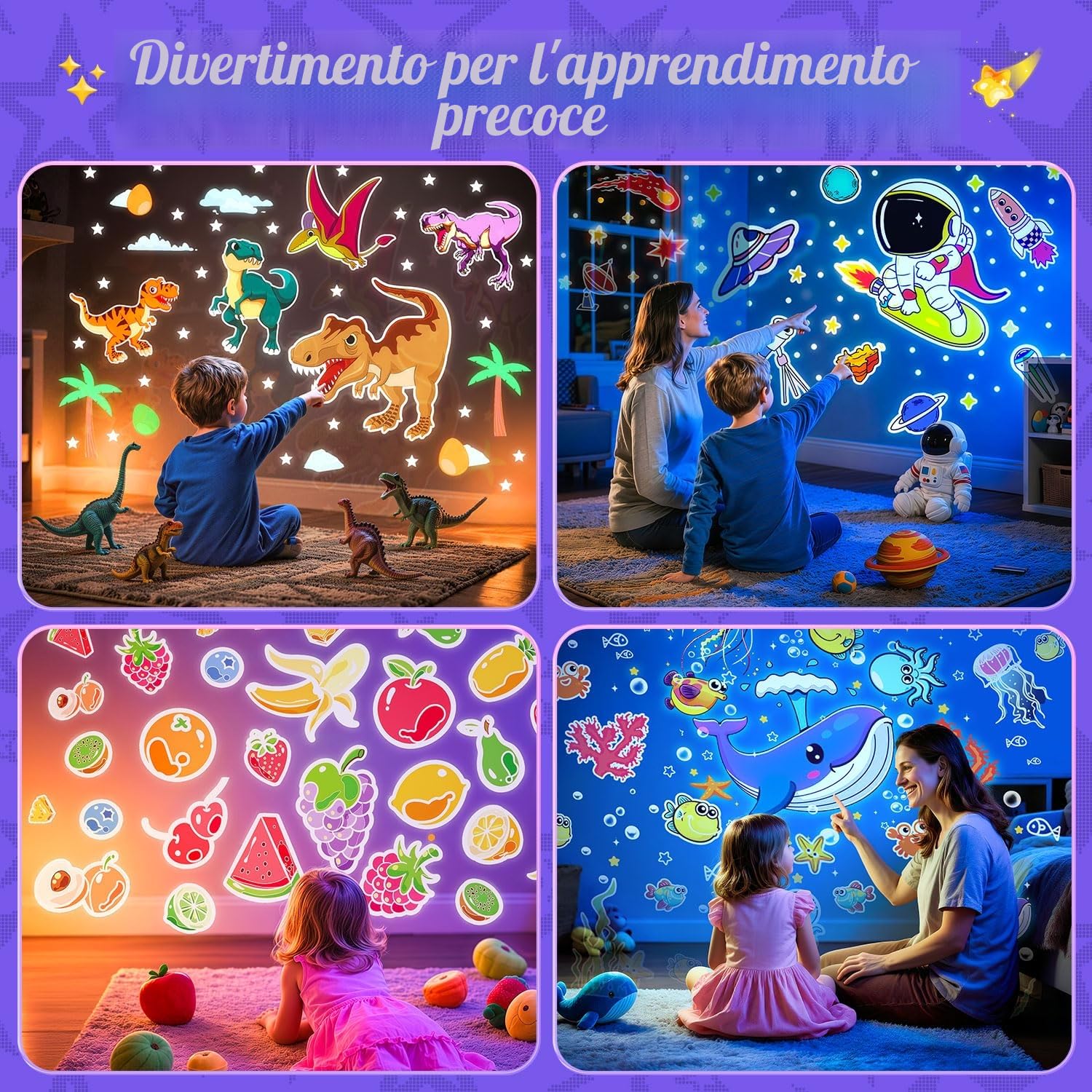 One Fire [Caja de Regalo Proiettore Stelle Soffitto, 15 Films Luce Notturna, Bluetooth Musica 360° Lampada Proiettore, Gioco Bambino 1 2 3 4 5 anno,Regalo Neonato Regalo Bambina 1 2 3 4 5 6 anni