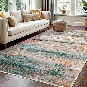 KOZYFLY Washable Area Rug 5x7 Modern Ombre Thin Rugs for Living Room Non-Slip Soft Striped Rug for Bedroom, Print Distressed Green Abstract Carpet for Laundry Kid Room