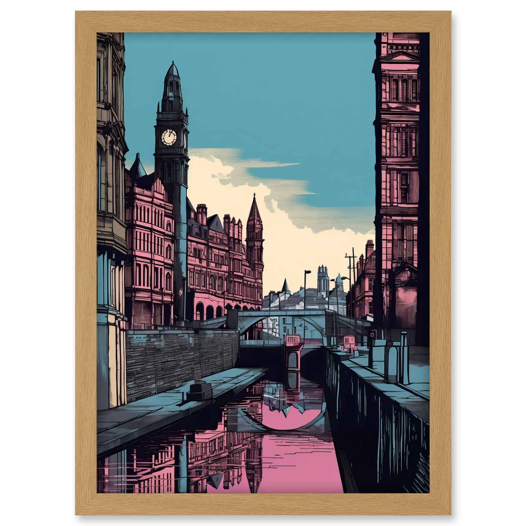 Artery8 Leeds Canal Cityscape Pink and Teal Illustration Artwork Framed A3 Wall Art Print