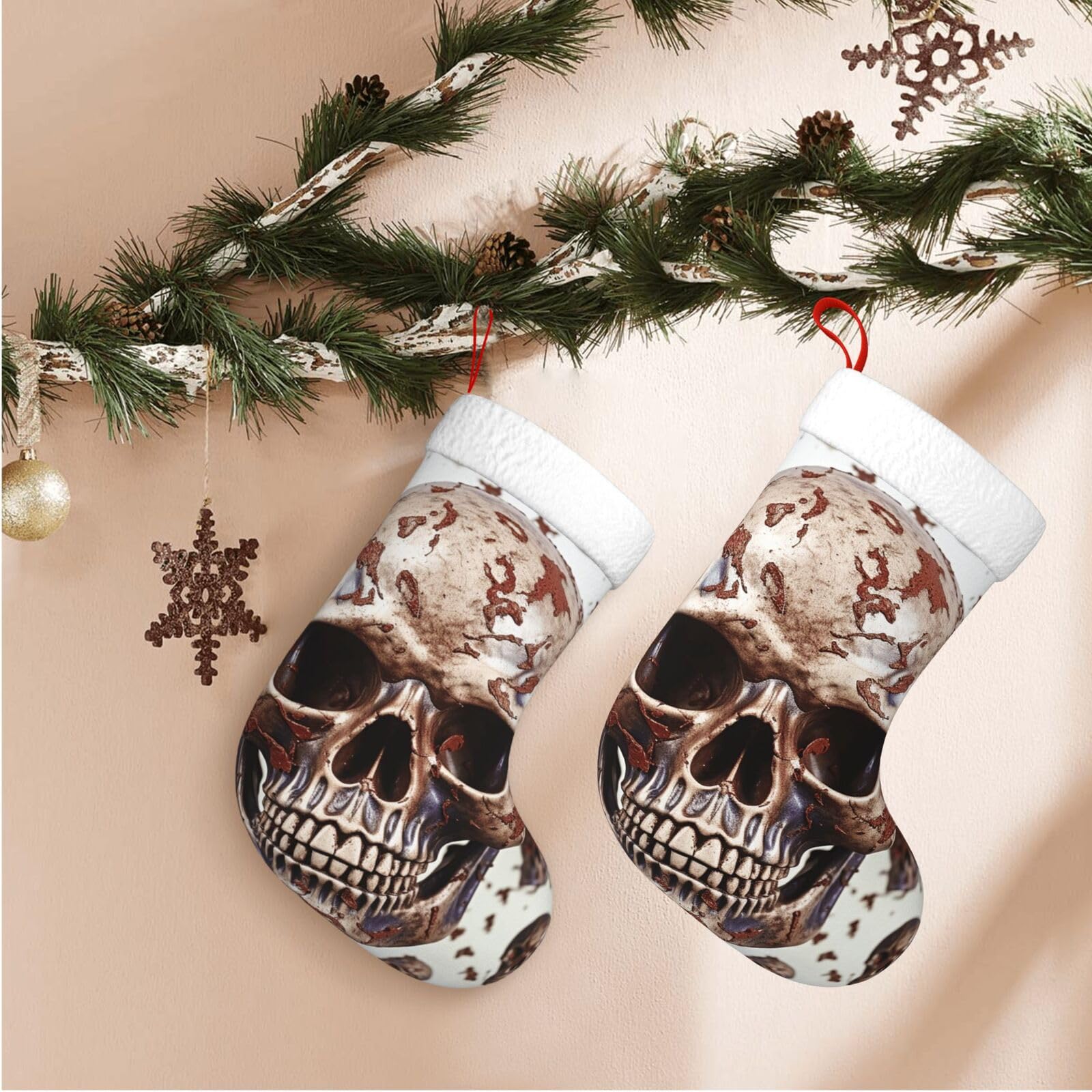 17.7" Christmas Stocking 1 Piece, Skull On White Background Xmas Stockings with White Plush Cuff Fireplace Hanging Stocking for Christmas Holiday Party Decoration