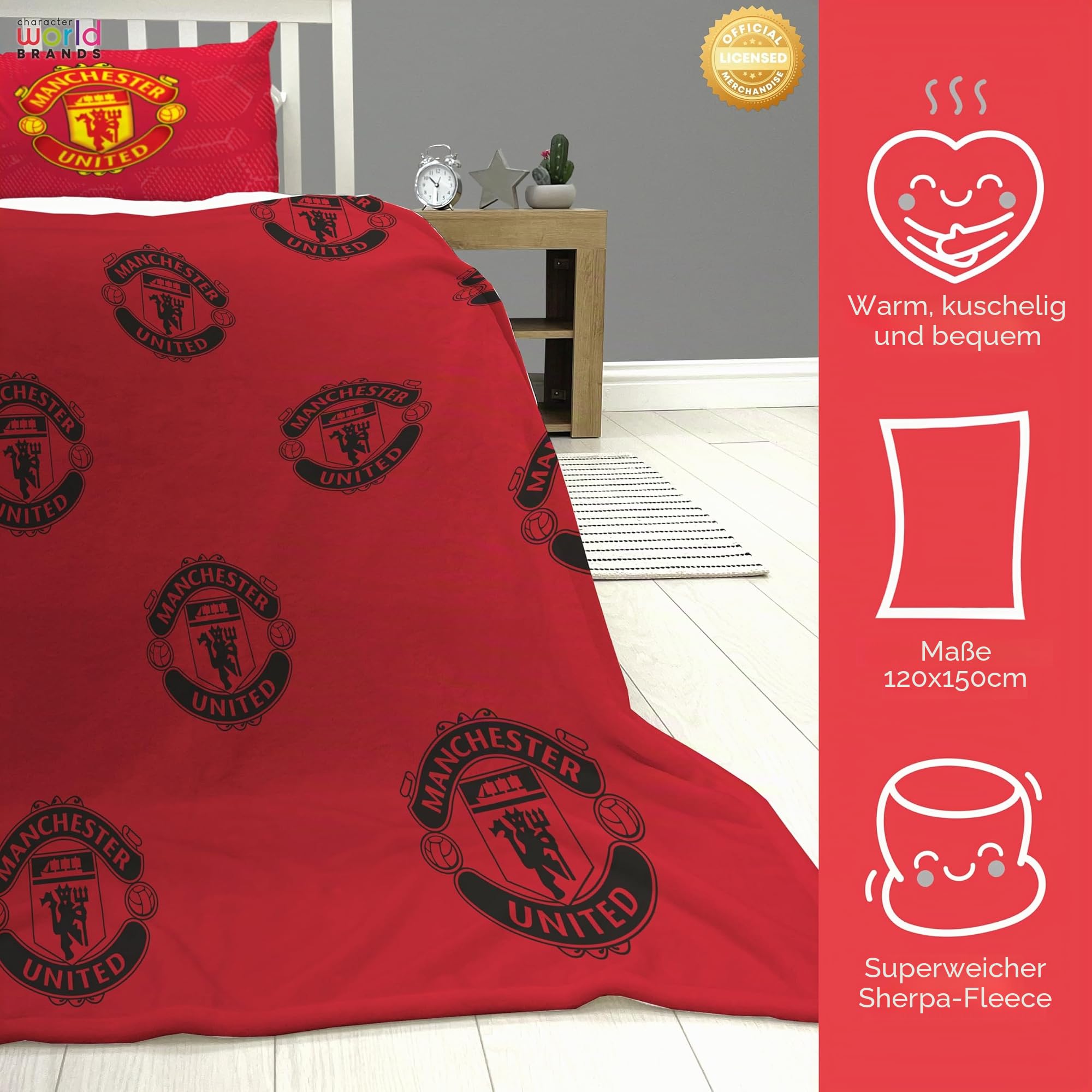 Manchester United FC Character World Offizielle Fleecedecke, superweicher, Warmer Überwurf mit Sherpa-Rückseite, Fußballmannschafts-Design, perfekt für Zuhause, Schlafzimmer, Übernachtungen und