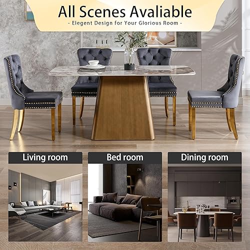 Miniatura 7 de Juego de 2 sillas de comedor, sillas de terciopelo acolchadas con patas doradas de acero inoxidable, anillo de tirador de metal con ribete de