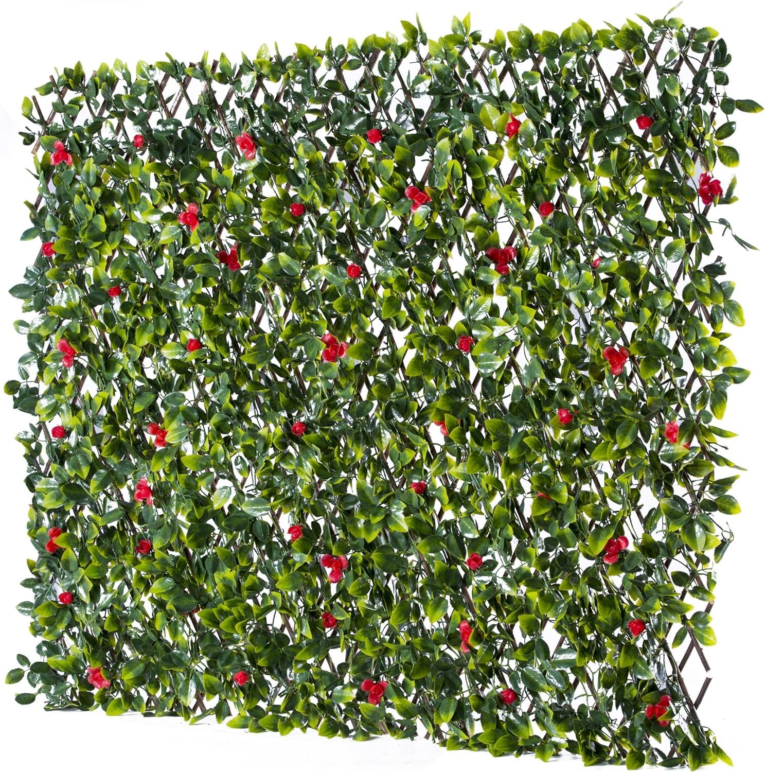 eXtreme Artificial Leaf Trellis with Red Flowers | 2m x 1m Expandable Privacy Screening Hedge for Gardens, Balcony, and Terraces | Realistic and UV-Stabilized Decorative Fencing Panel