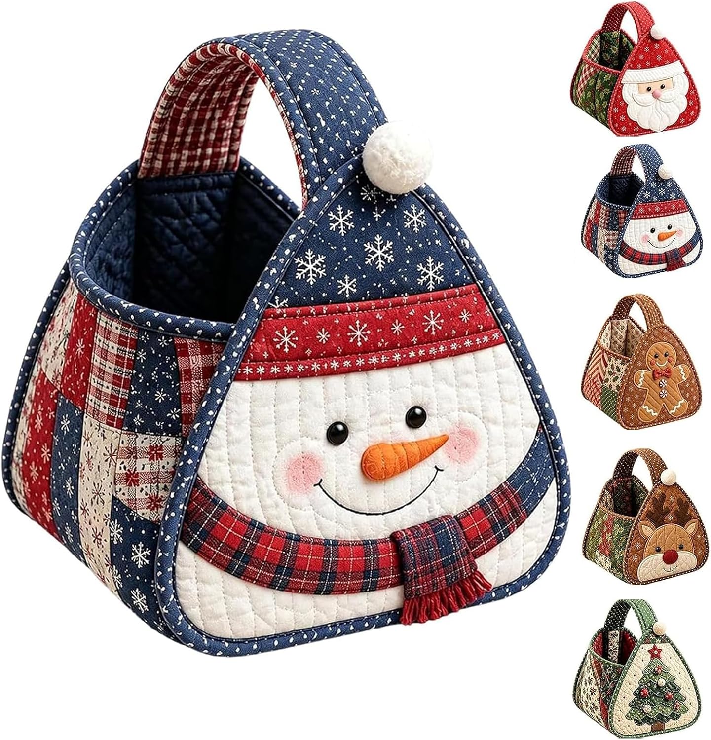 Christmas Quilted Carry Basket, Snowman Fabric Gift Handbasket, Snowman