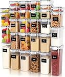 24 PCS Airtight Food Storage Containers with Lids, Plastic Kitchen and Organization Canisters for Cereal, Dry Food, Flour and Sugar, BPA-Free, PVC-Free, Includes 24 Black Labels & Marker