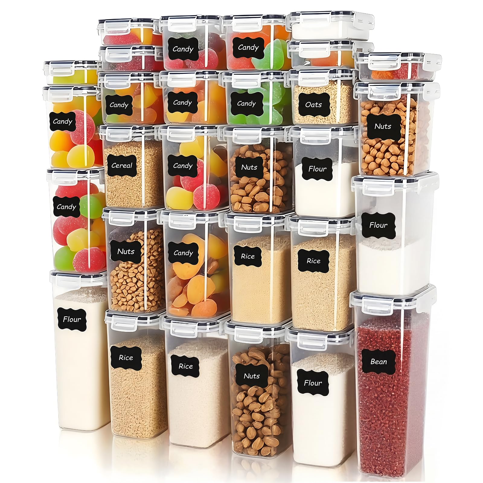 Asnews 30 Pack Airtight Food Storage Containers, BPA-Free Kitchen Storage Containers, Pantry Storage Containers for Sugar, Dry Food & Baking Supplies, Stackable Design, Includes 24 Labels & Marker