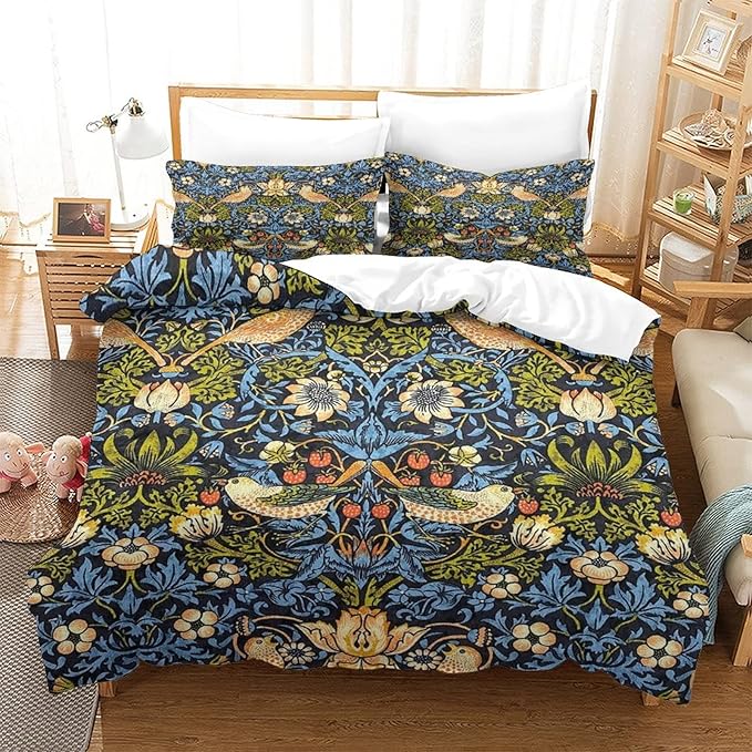 William Morris Strawberry Thief Bedding Bedroom 3 PCs Sets with 2 Pillowcase, Soft Meet Gentle William Morris Strawberry Thief Bedding Bedroom 3 PCs Sets with 2 Pillowcase, Soft Meet Gentle
