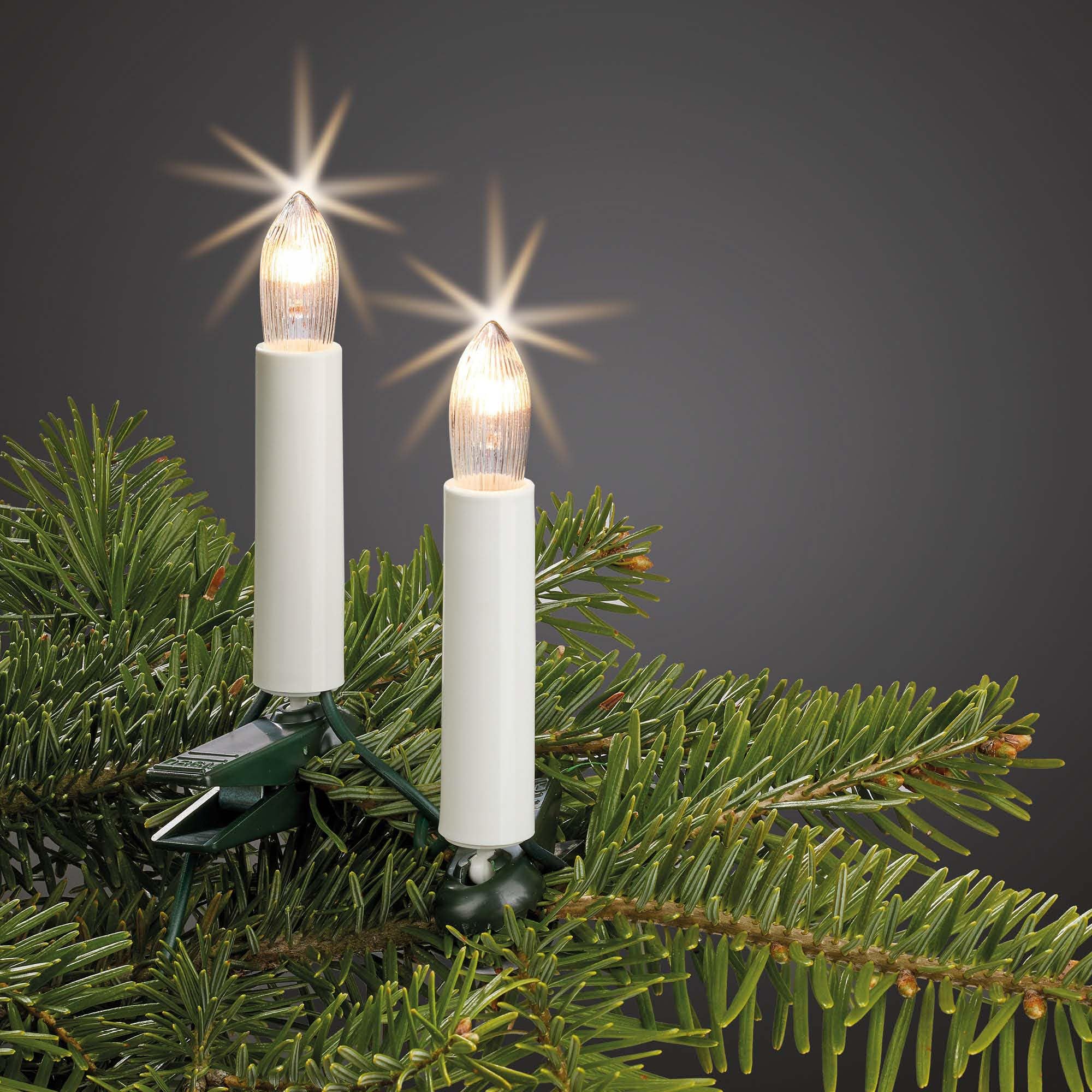 Hellum guirlande sapin, Made in Germany, bougies cannelées clip, 30 lumières, longueur éclairée 20,3 m, câble vert, blanc chaud, tige blanche, intérieur, prise séparée, pas LED <59lm 813012
