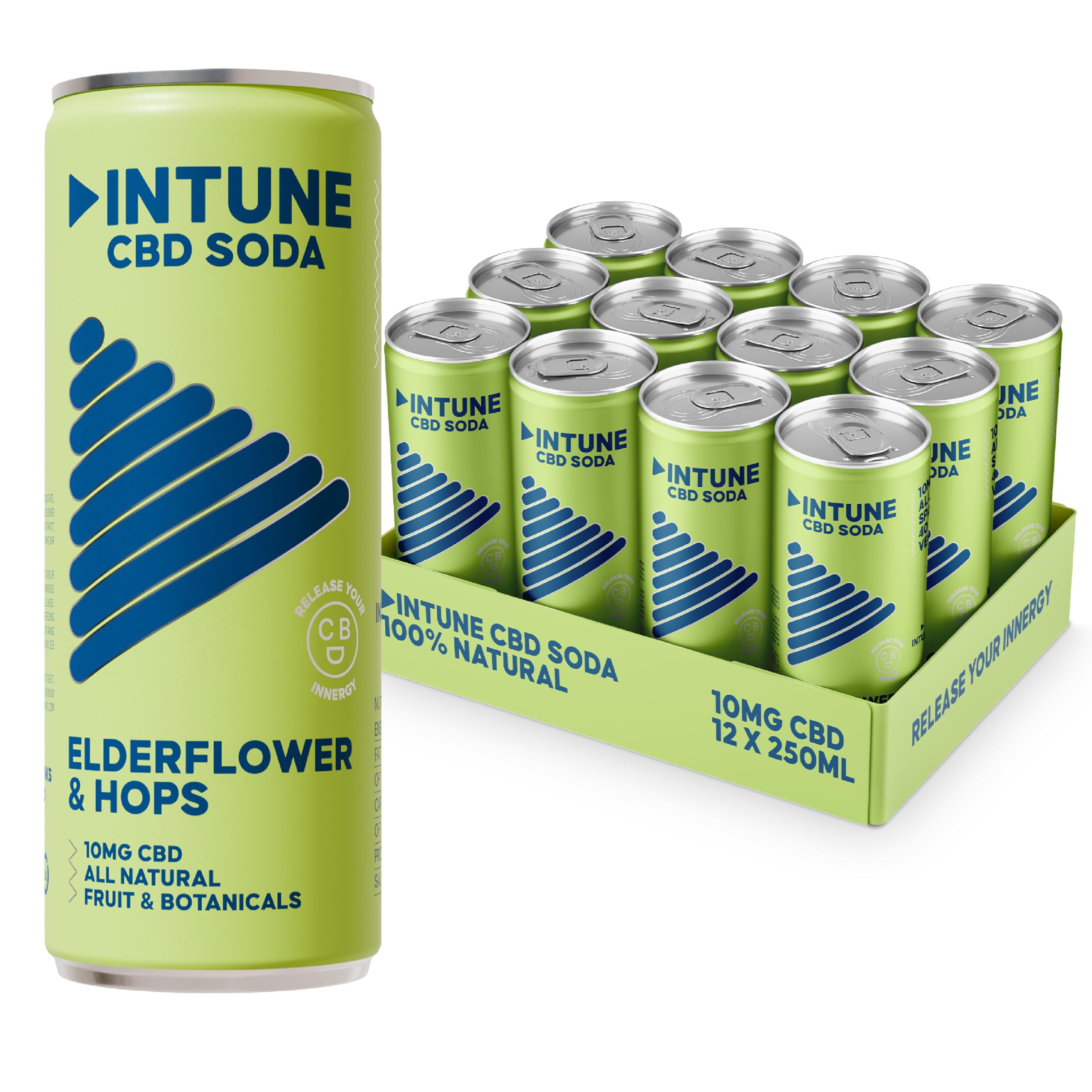 INTUNE Elderflower & Hops Sparkling CBD | Natural & Vegan | Low Calorie Soft Drink | 12 x 250ml Cans
