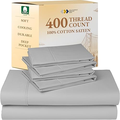 Vista 323 de Juego de sábanas de 400 hilos y 6 piezas, tamaño King, con 4 fundas de almohada, ropa de cama de 100 % algodón con tejido satinado, color azul 12