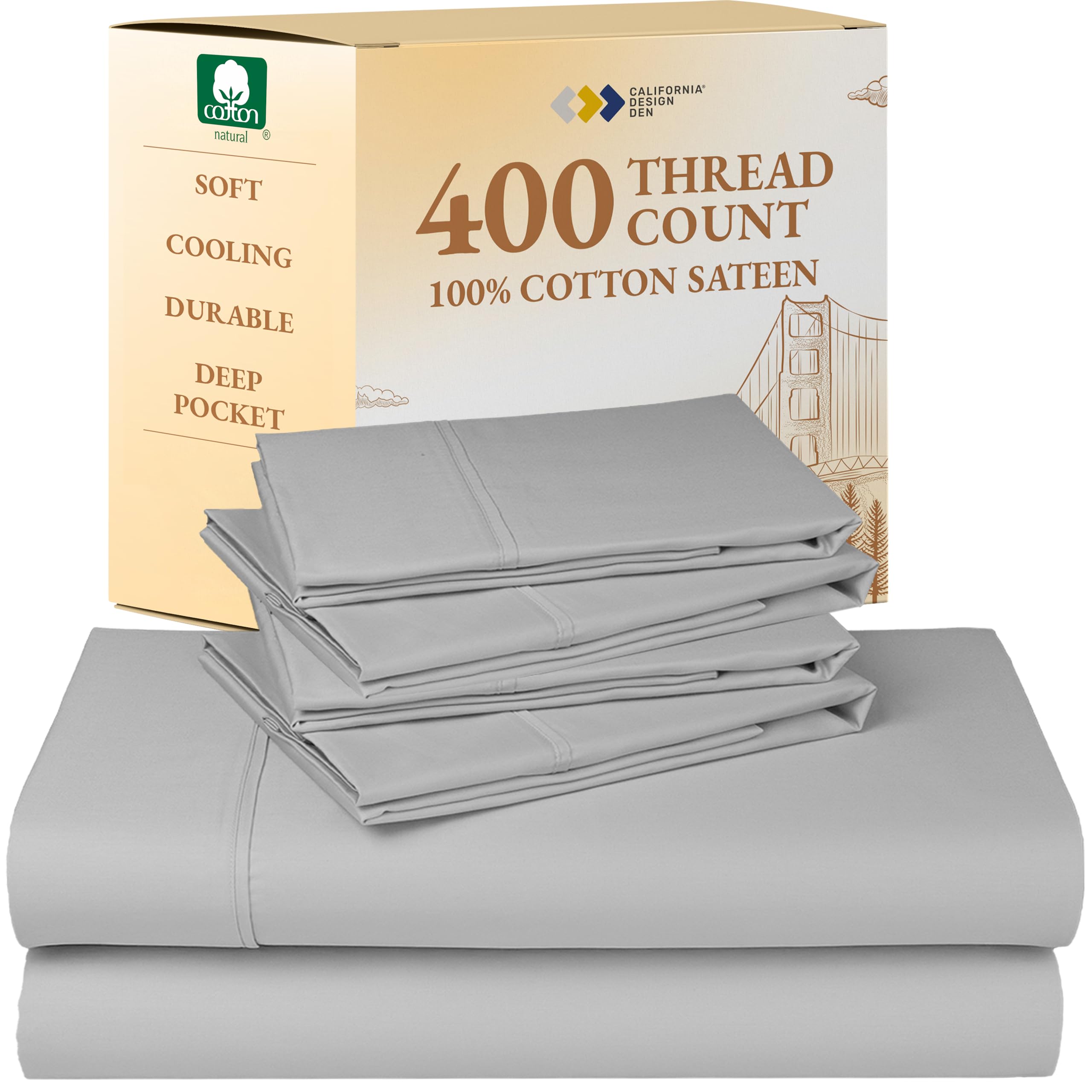 California Design Den 6-Pc King Size Sheet Set with 4 Pillowcases - Soft 400 Thread Count 100% Cotton Sheets, Sateen Weave, Deep Pocket Bedsheets Set - Light Grey