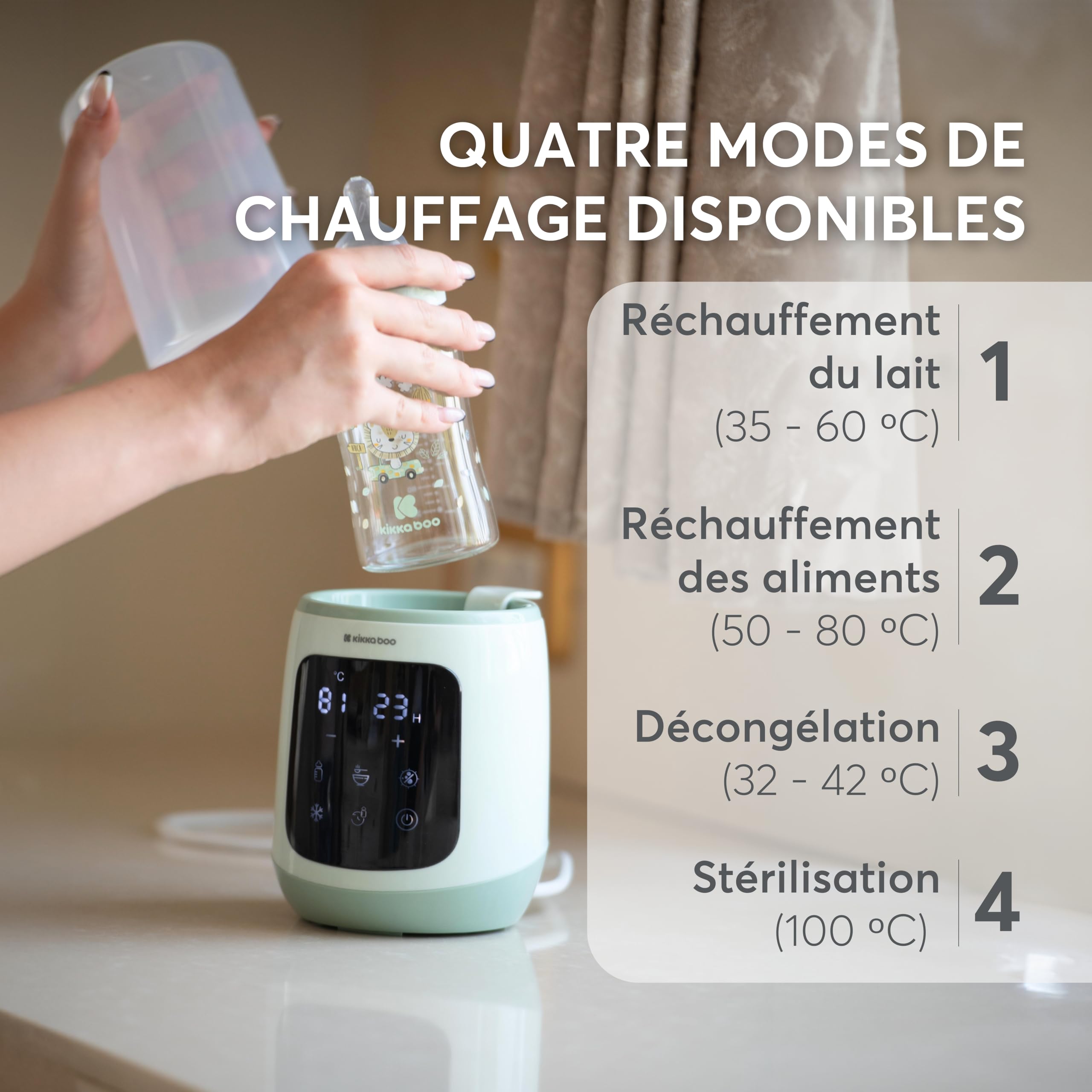KikkaBoo Chauffe-biberon Électrique 4 en 1 CALDO, Chauffe Lait Maternel & Petits Pots, Stérilisateur Vapeur, Maintien au Chaud, Chauffe Rapide, Compatible Biberons Standards, Menthe