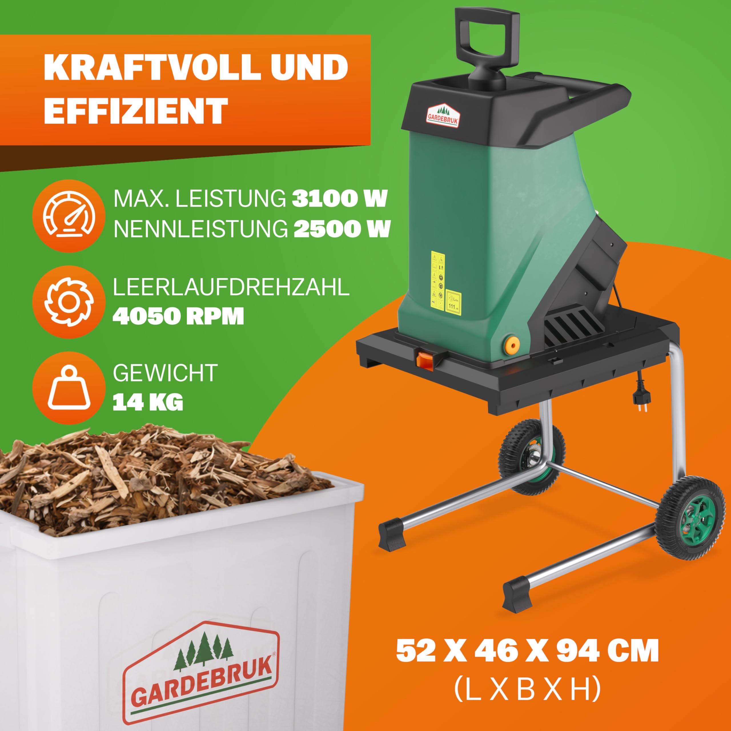 Gardebruk® Trituradora Eléctrica de Jardín 3100W máx., Ramas de Ø40mm, Triturador, Bolsa de Recolección 50L, Herramienta Jardineria, Residuos de Jardin, Astilladoras, Trituradoras Troncos Madera