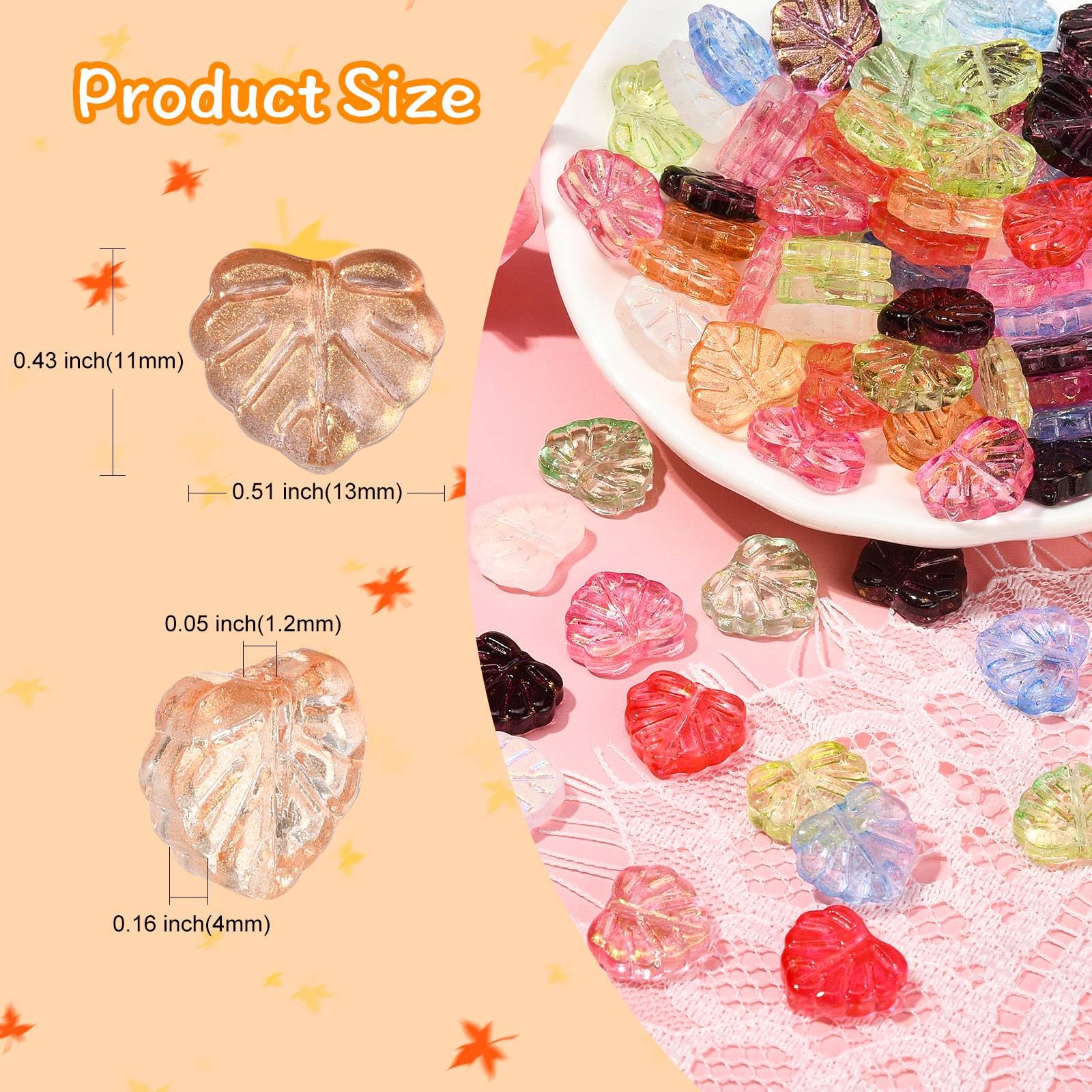 Stiesy 100Pcs Mixed Colour Czech Glass Leaf Beads Maple Leaves Lampwork Beads with Glitter Powder Spacer Beads Bulk for Jewellery Making Bracelet Craft Earrings - Image 2