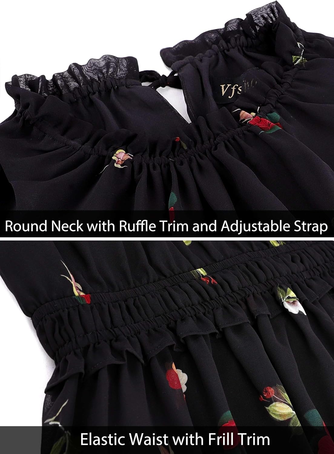 VFSHOW Womens Summer Casual Ruffle Crew Neck Midi Long Dress Sleeveless Wedding Guest Pocket Flowy A Line Tunic Sundress