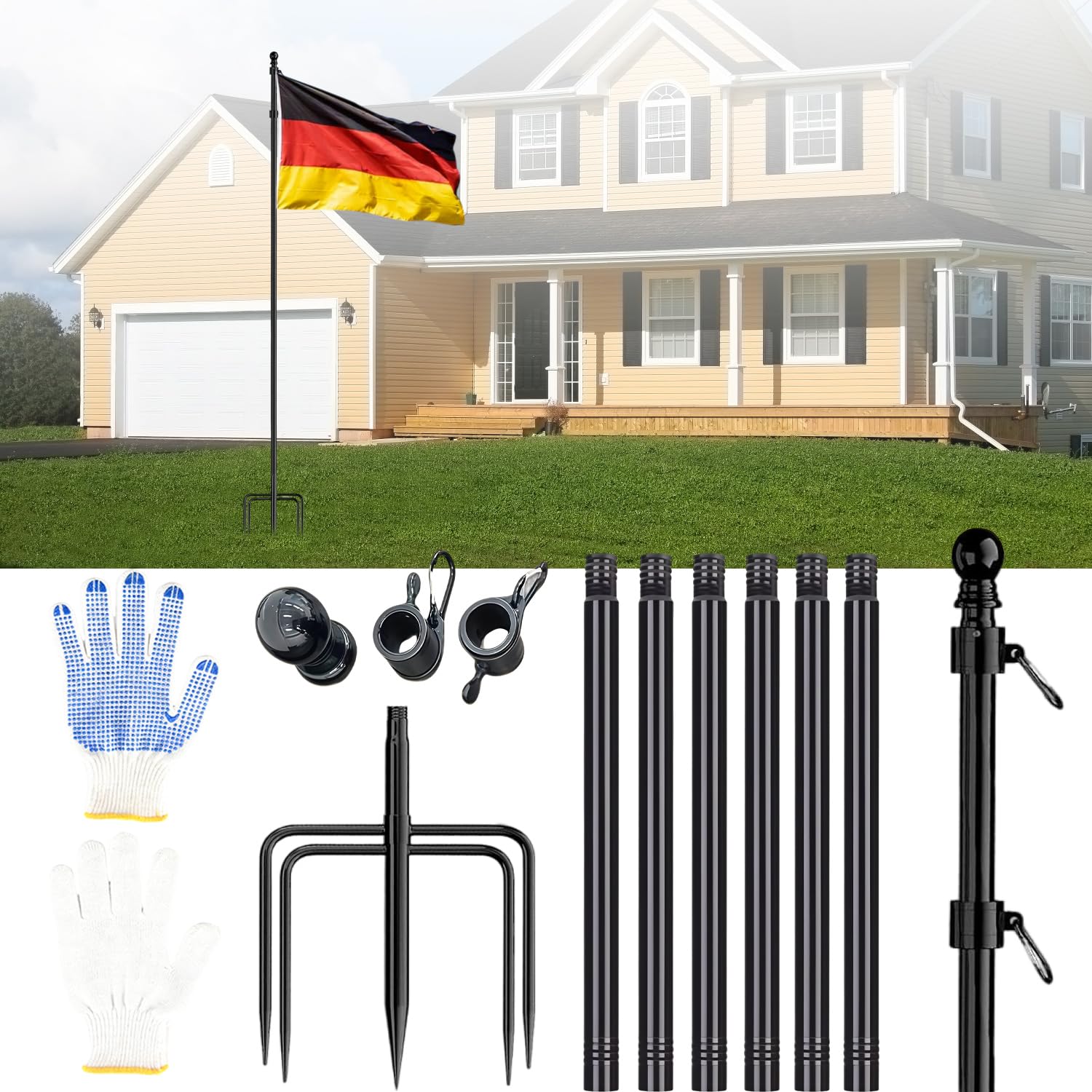 Fahnenmast, 3m, Aluminium, mit Erdspieß, für Garten und Terrasse