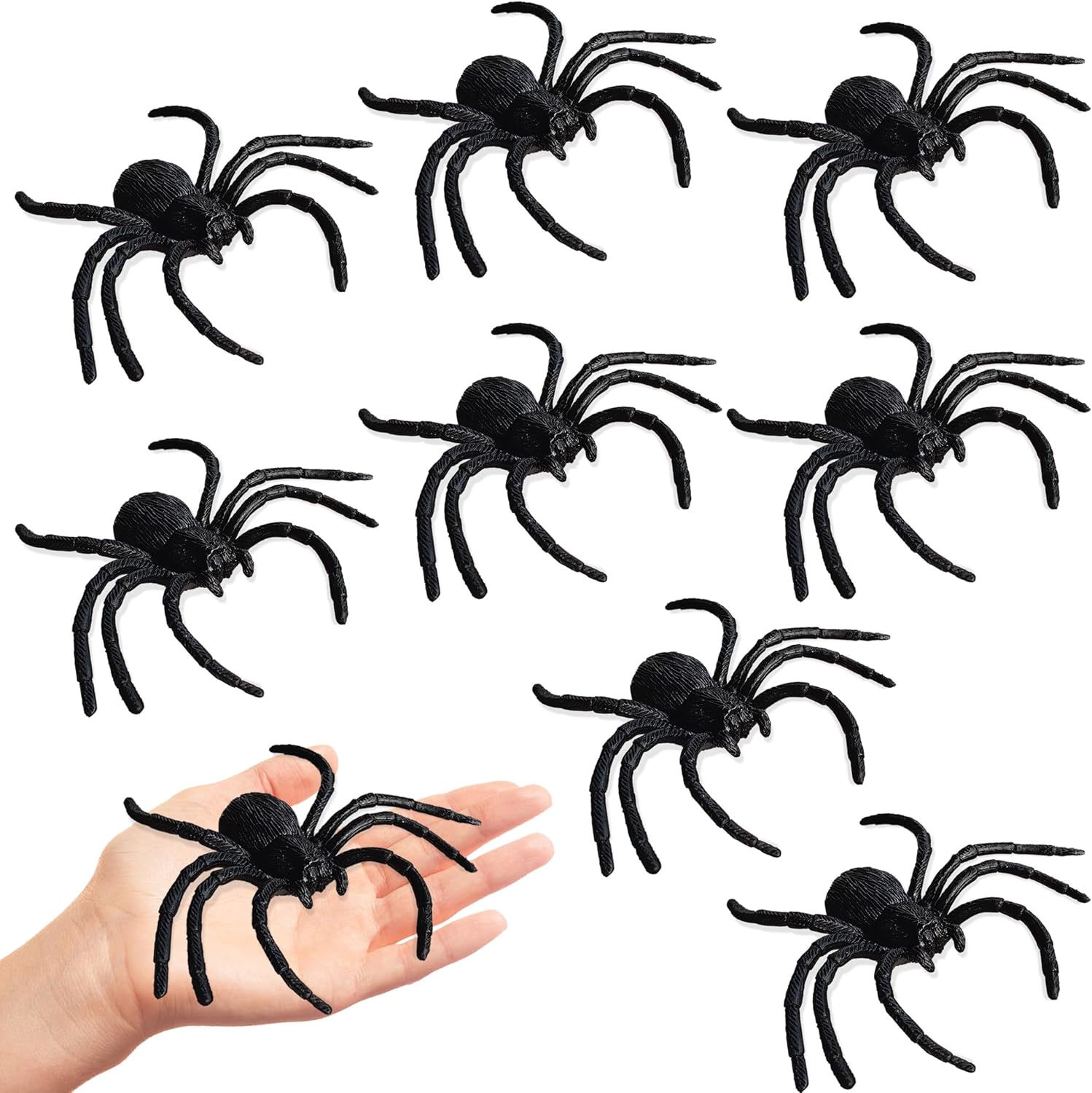 Realistic Plastic Spiders Halloween Decorations - 8 PCS Black Big Halloween Fake Spiders for Web Decorations, Realistic Fun Toys Prank Props Scare Practical Surprise Joke Party Decor, 3.9 x 3.7 Inch