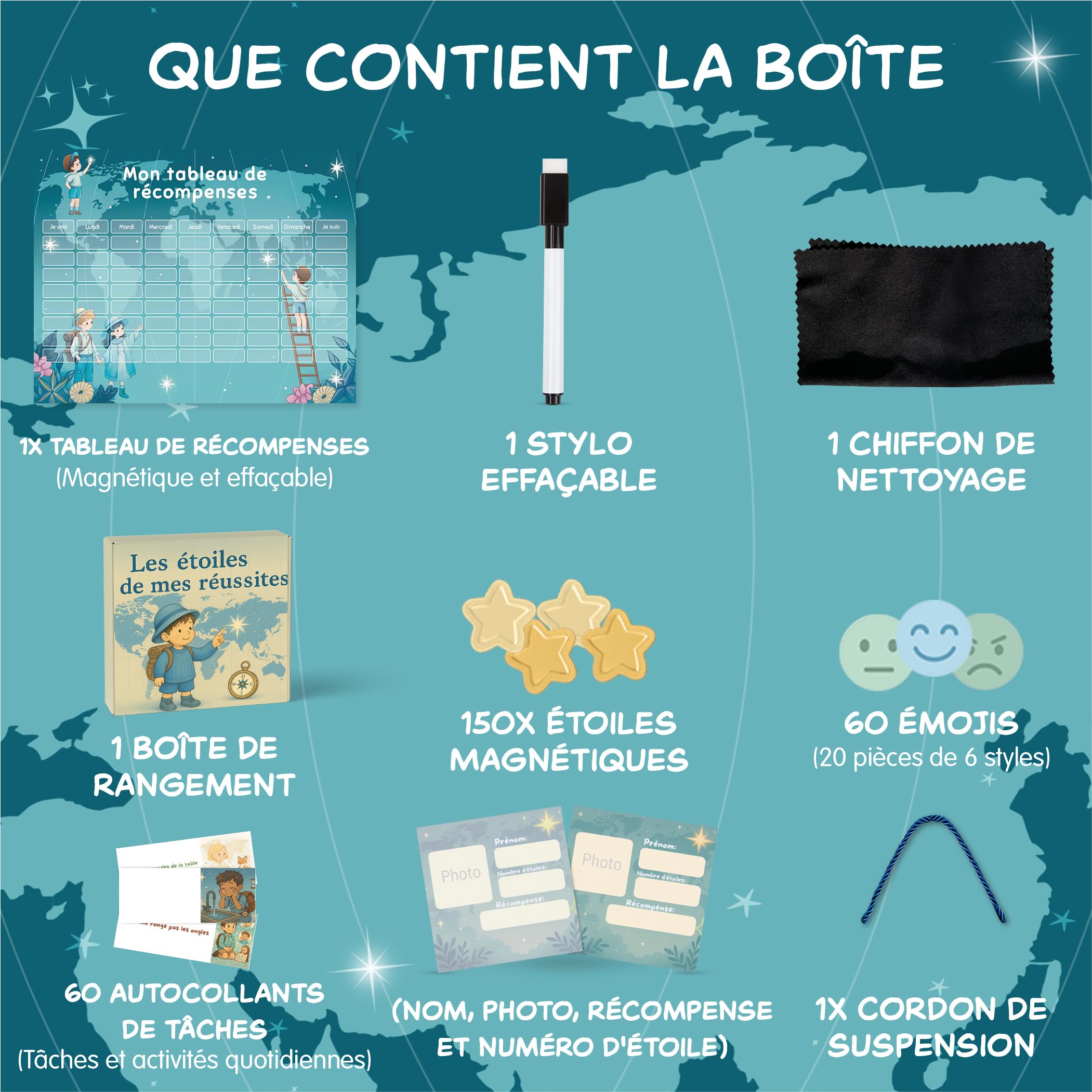 Tableau de Récompense Enfant Magnétique – Routine Matin & Soir 5-12 Ans | Tableau de Comportement et Tâches Enfant | 60 Missions + 10 Libres, 150 Étoiles, 60 Emojis, Organisation routine maison