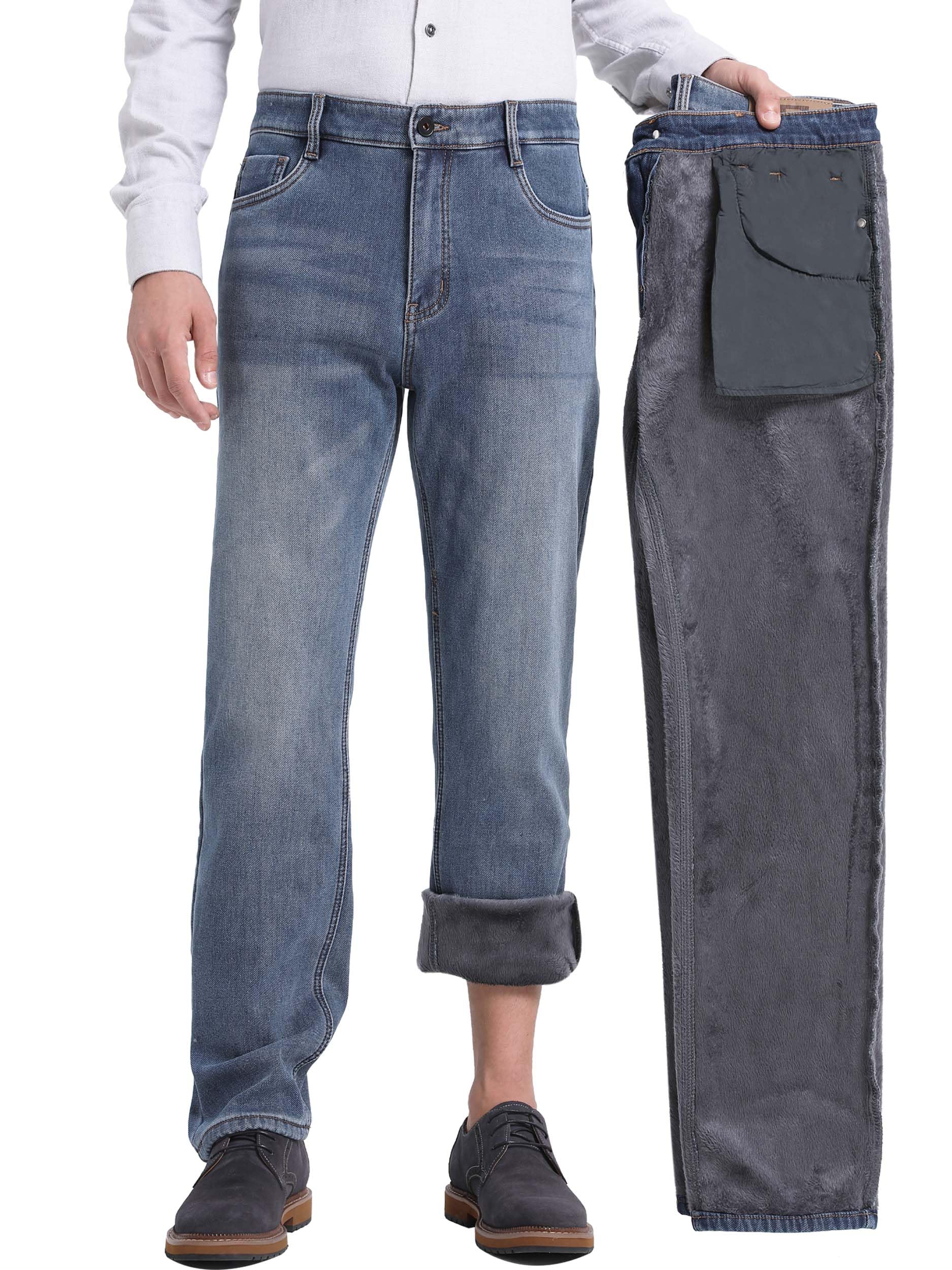 Fleece Lined Jeans for Men Stretch Winter Thermal Pants Business Casual Straight