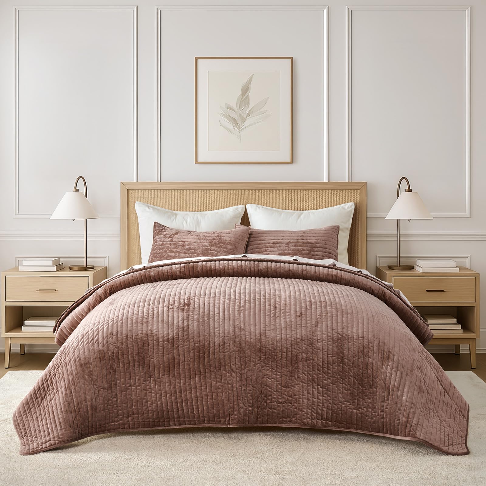 EverGrace Stripe Channel Luxury Velvet Quilt Set Queen Size Terracotta Clay