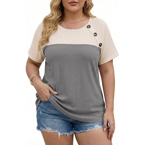 Eytino Women Plus Size Tops Crewneck Short Sleeve T Shirts Color Block Casual Loose Summer Tees 1X-5X