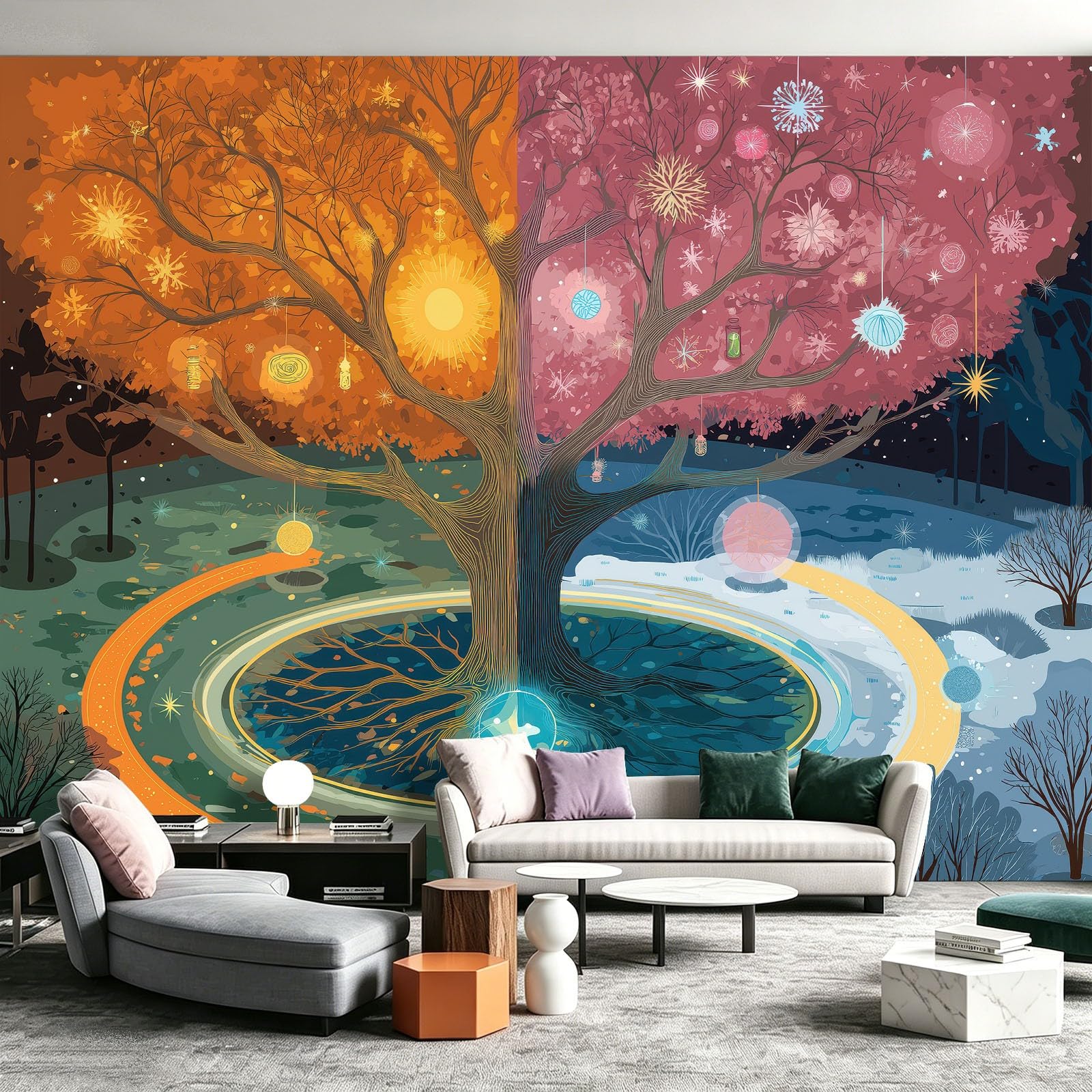 Panoramiczna tapeta 350 x 256 cm fantazyjne drzewo życie tapeta z włókniny gobelin plakat dekoracja ścienna do pokoju dziecięcego, salonu sypialni - pierścionek płatek śniegu światło gwiazdy wisiorek