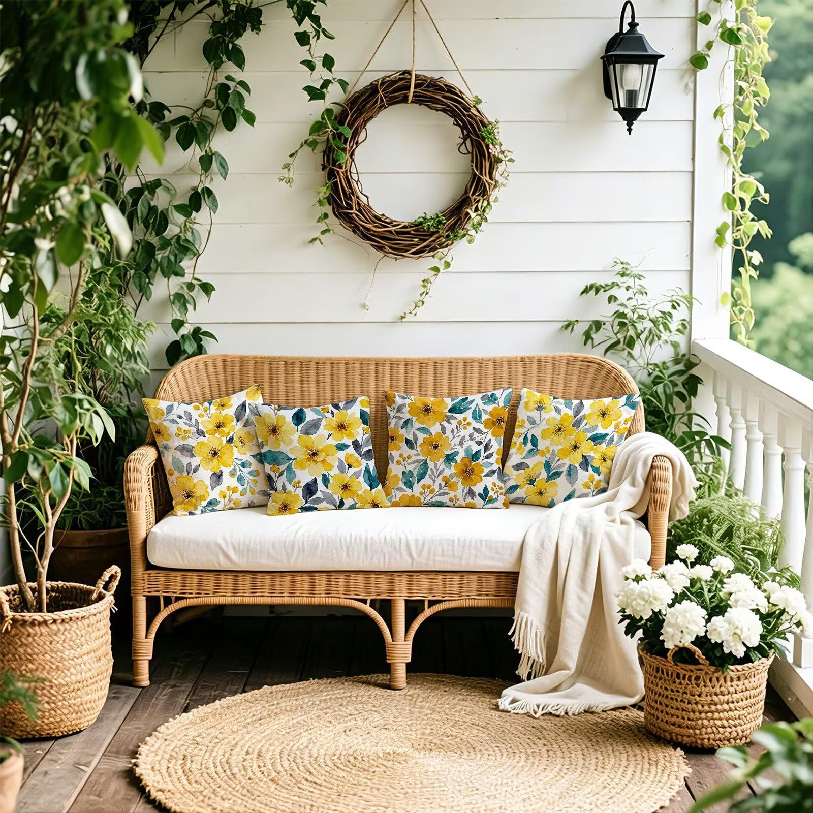 Giallo Federe Cuscini Divano 50x50cm, Cuscini da Esterno Set de 4, Cod-168 | Lin Copricuscini Decorativi Letto Arredo, per Letto, Soggiorno, Giardino, Esterno, Casa Decorazione Set di 4 Pianta