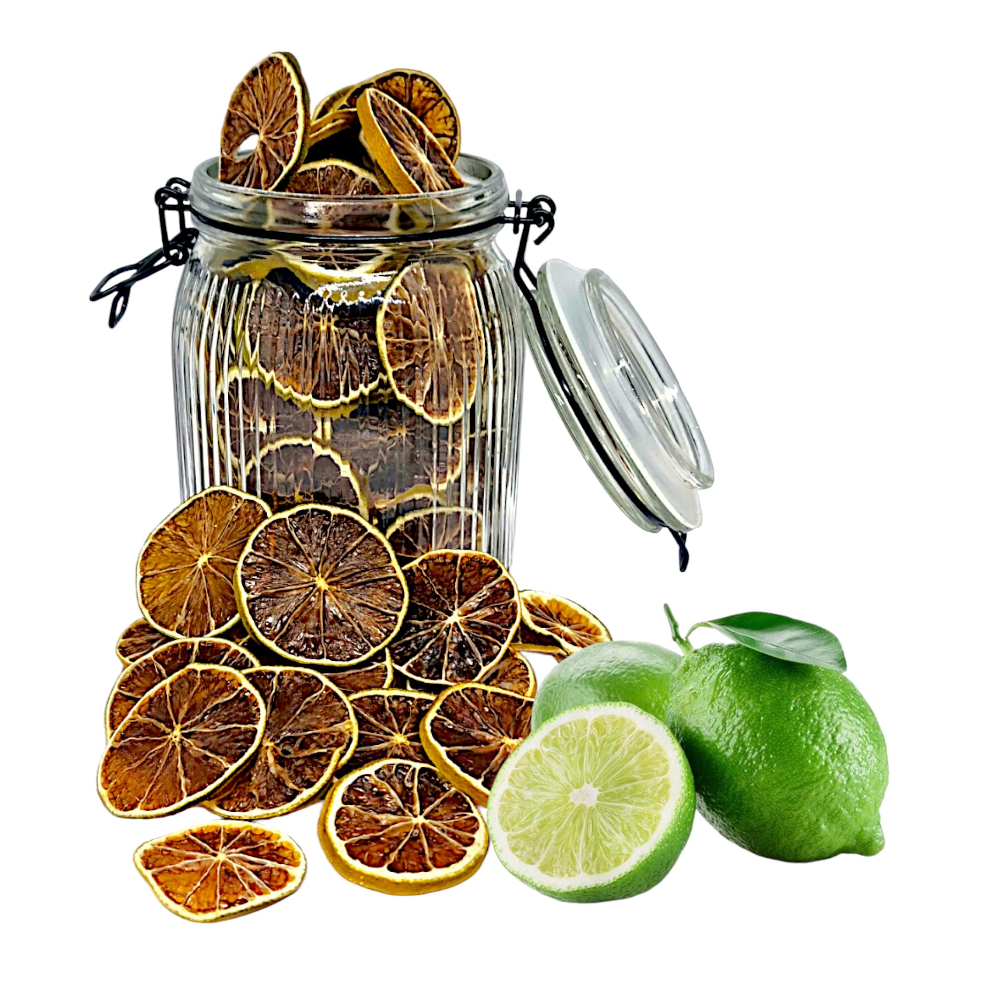 100g - Décoration pour Cocktail, Pâtisserie ou Intérieur - Citron Vert Déshydraté/Séché - Comestible - Bocal à Fermeture Mécanique - Citron Déshydraté - Citron Séché - Citrons Verts - Décoration