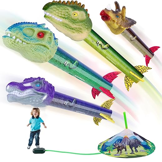 Dinosaur Toy Rocket Launcher for Kids - Launch Up to 100 Ft, 4 Rockets, Outdoor Outside Toys for Kids, Dinosaur Toys, Birthday Gifts for 3 4 5 6 7 8-12 Year Old Boys Girls