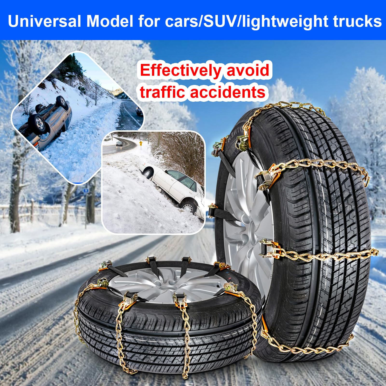 Ninonly Cadenas de Nieve Universales 8 Pcs Cadenas Nieve Universales Coche Nieve para Llantas para Cualquier Ancho de Llantas de 165-265 mm (Amarillo) (Apriete la hebilla)