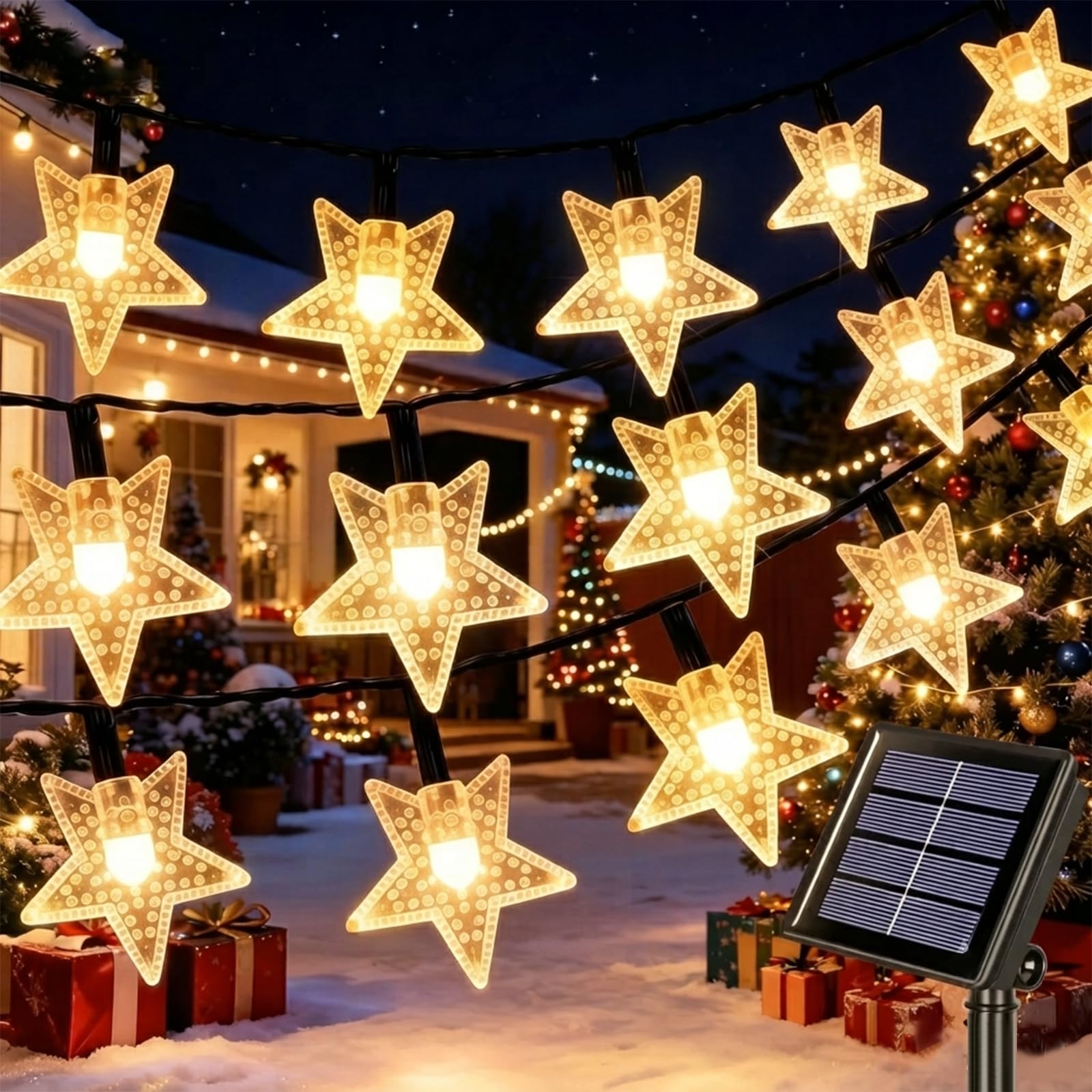 SIOOUI Solar Garden Lights, 100 LED Star Fairy Lights Outdoor Waterproof Solar String Light Led Star 8 Modes 12M/39ft Decorative Light for Garden Patio Yard Home Wedding Party - Warm White