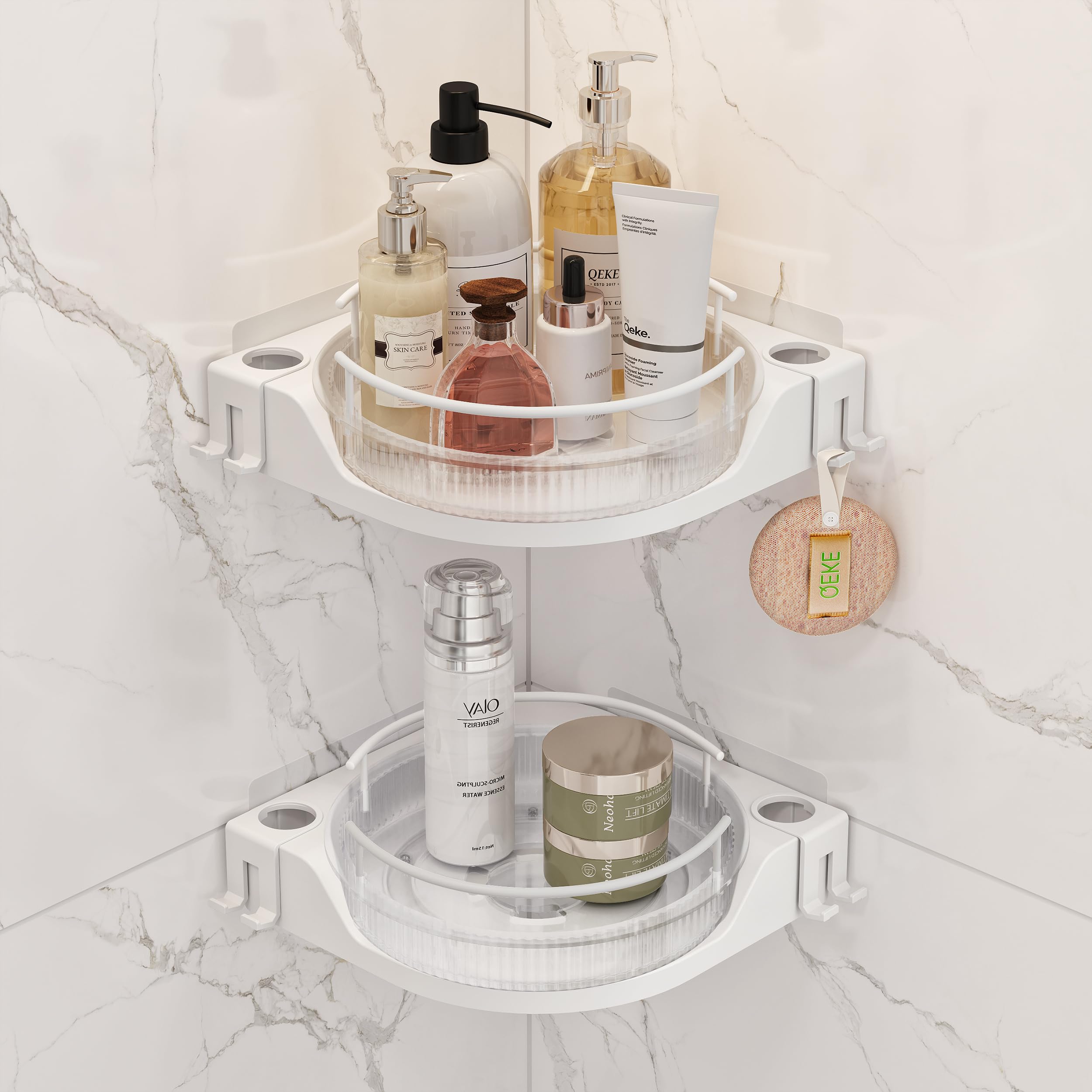 Qeke Étagère d'Angle Pivotante, Panier Douche Adhésif, Lot de 2, Blanc