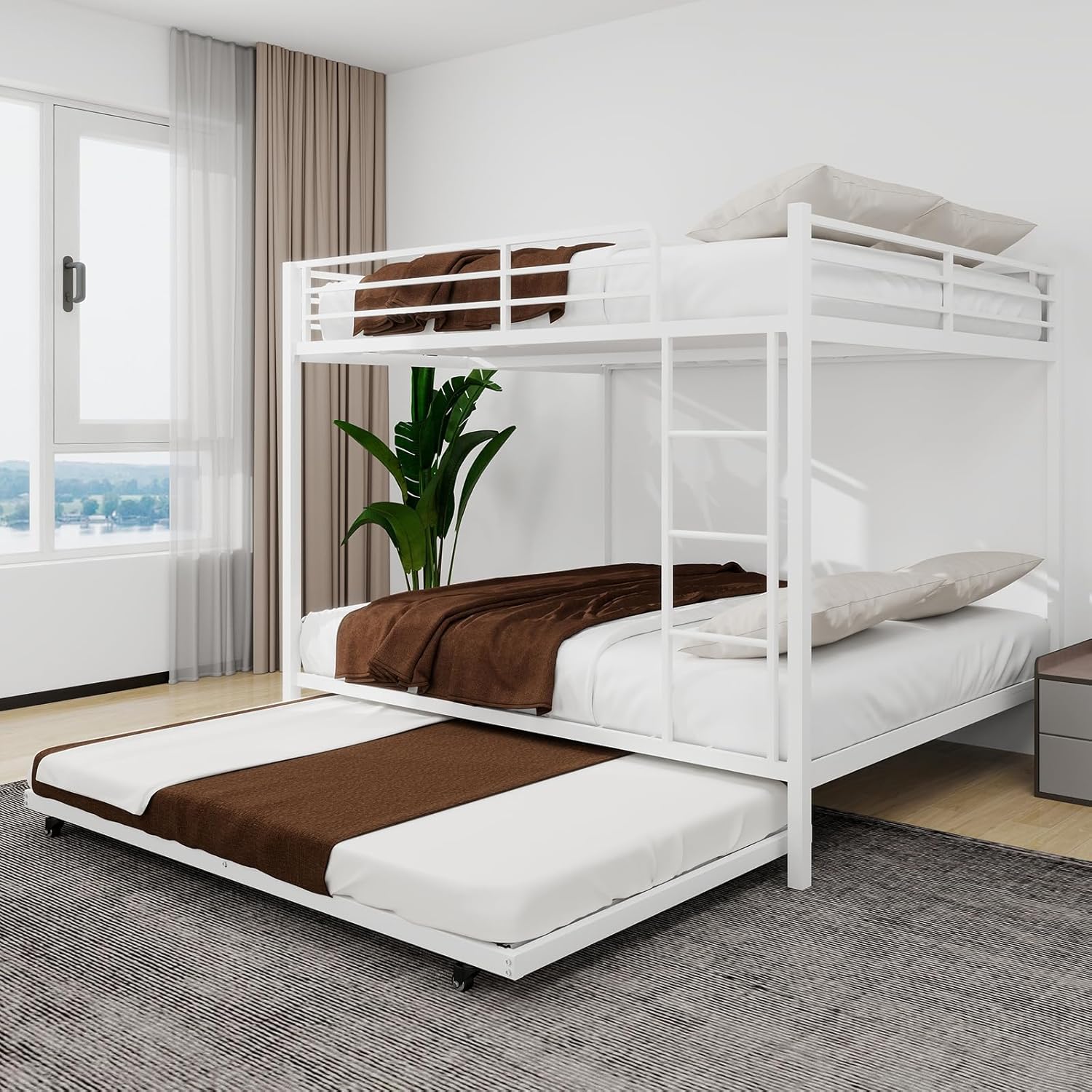 Bellemave Metal Bunk Bed with Trundle, Full Over Full Bunk Twin Trundle and Guardrail and Ladder for Kids/Teenagers, Adults, White