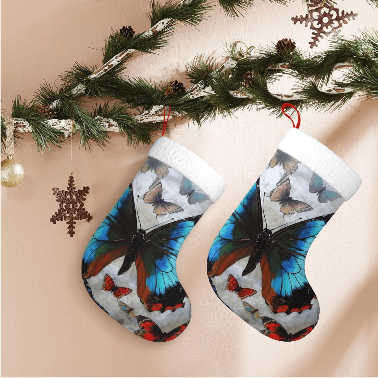 17.7" Christmas Stocking 1 Piece, Butterfly Xmas Stockings with White Plush Cuff Fireplace Hanging Stocking for Christmas Holiday Party Decoration