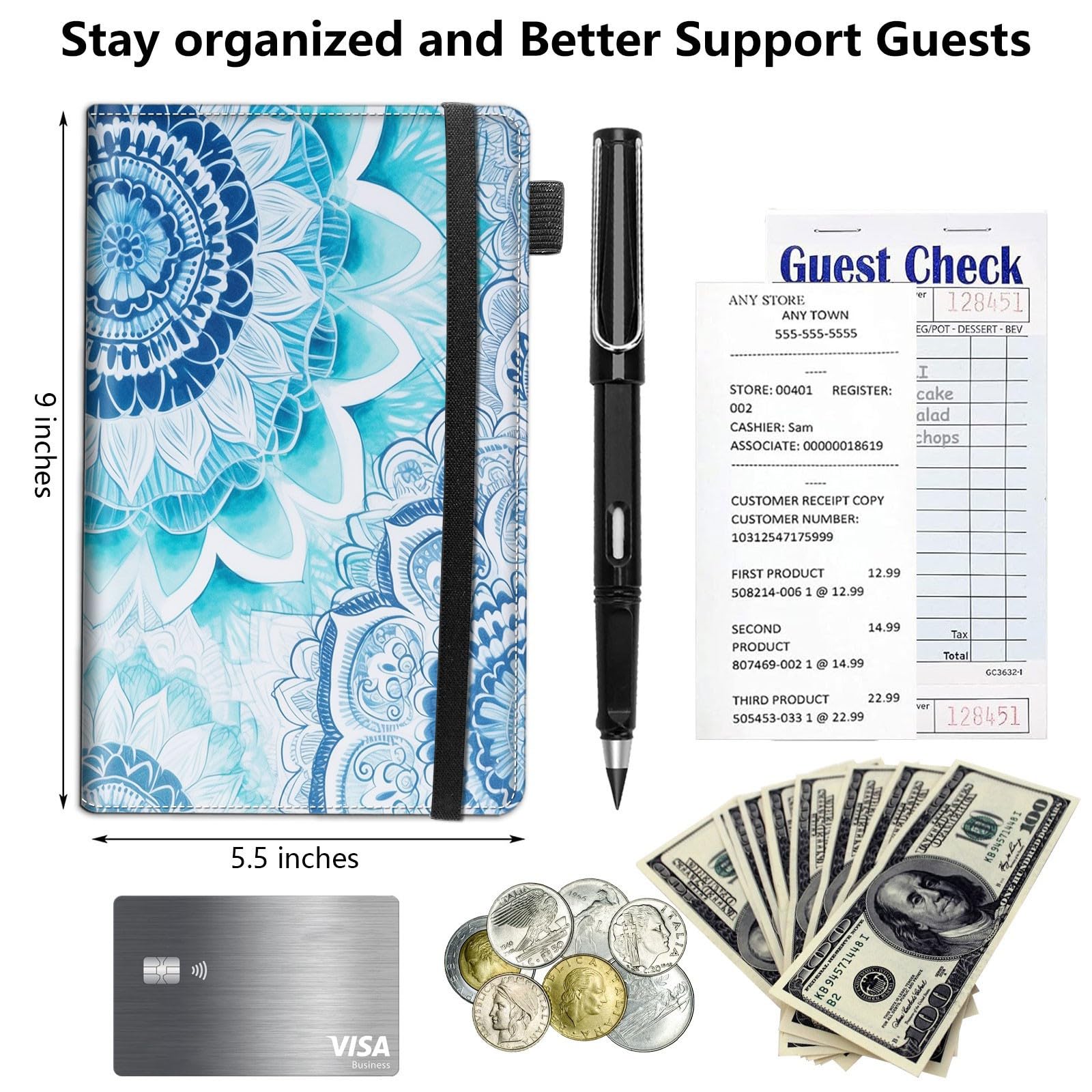 Server Book,Waitress Book,Waiter Book Server Organizer with Zipper Pocket,Leather Waitress & Waitstaff Book Wallet with Card Slot Guest Check Holder 9 x 5 Inch Server Book,Blue Mandala Flower -52