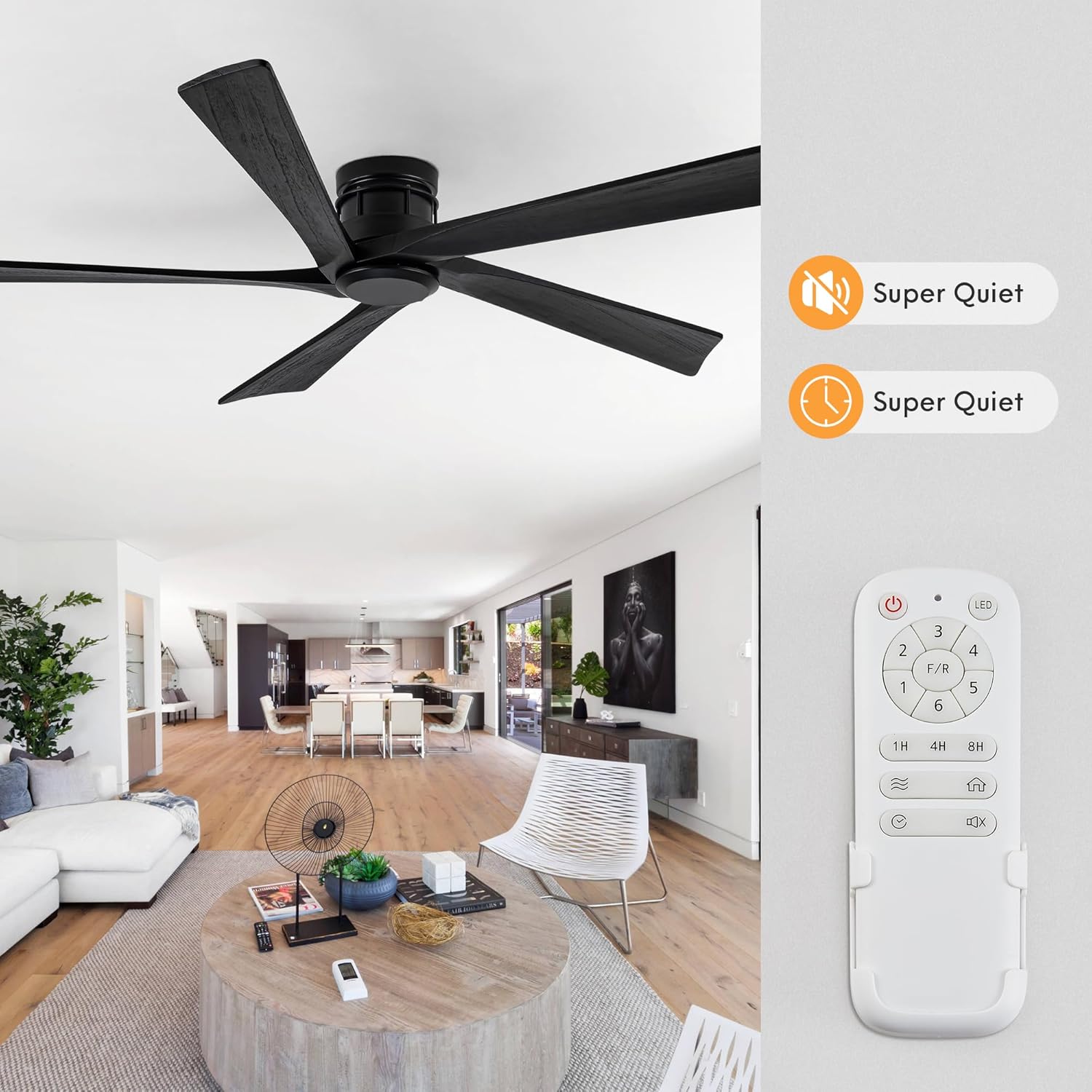 EKIZNSN 72 Inch Outdoor Low Profile Flush Mount Ceiling Fans without Lights for Patios, 110V Noiseless Reversible DC Motor, 6-Gear Speed (Black Finish with Black Blades)