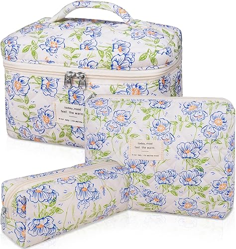 Miniatura 35 de Set de bolsas de maquillaje, bolsa de maquillaje acolchada, bolsa de cosméticos floral grande para mujeres, lindas bolsas de maquillaje de algodón,