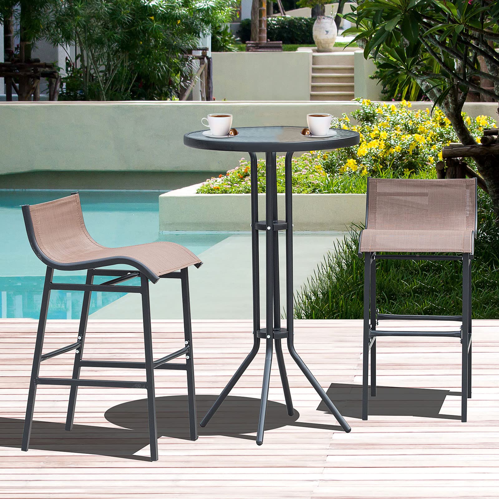 Outsunny Set da Bar/Ristorante 3 Pezzi: 2 Sgabelli (40.5x50x82cm) 1 Tavolo Vetro Temperato (Φ60x102cm), Nero e Marrone