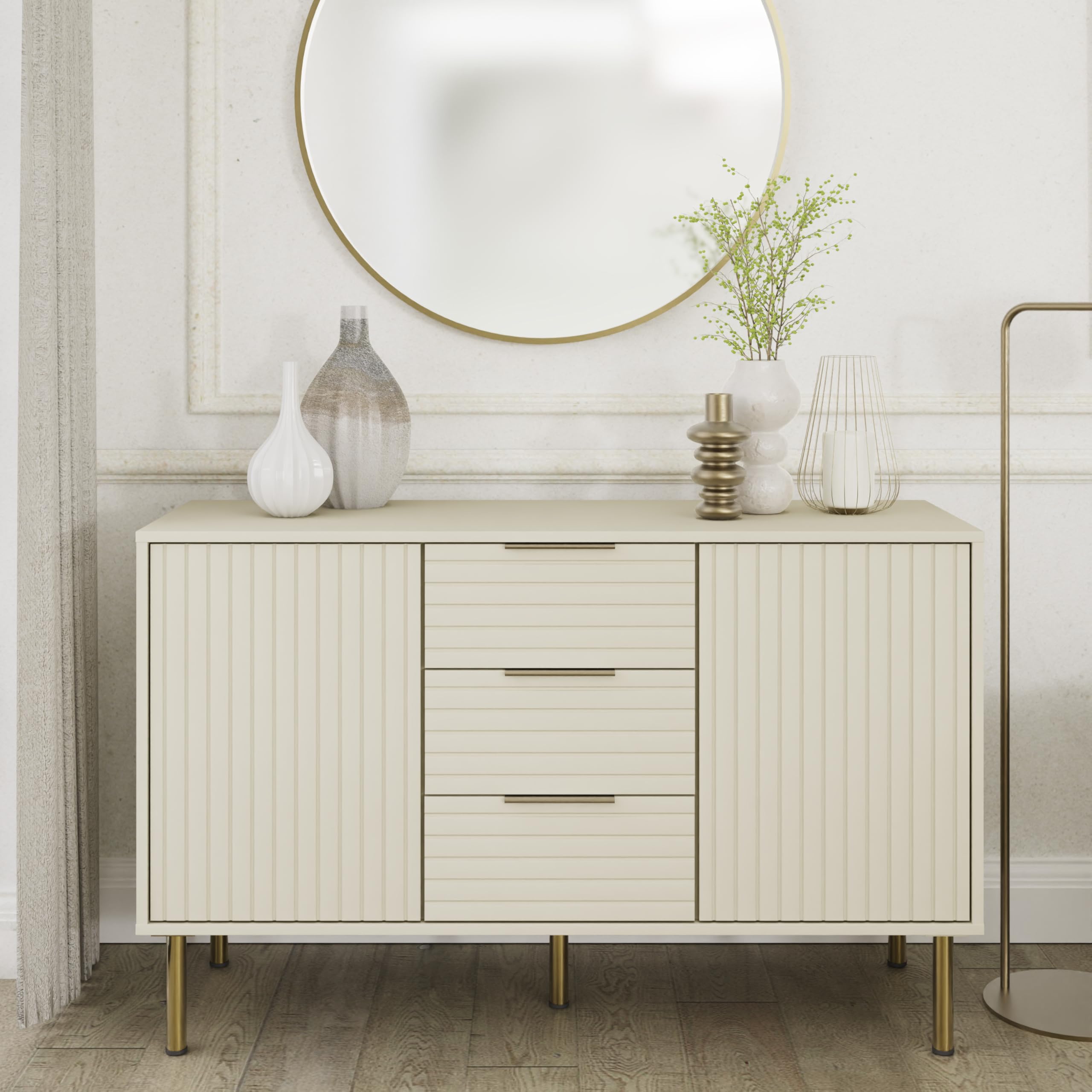 GFW Nervata Sideboard Ivory - 3 Drawer 2 Door - Wood Grain Texture - Oak & Black Accents