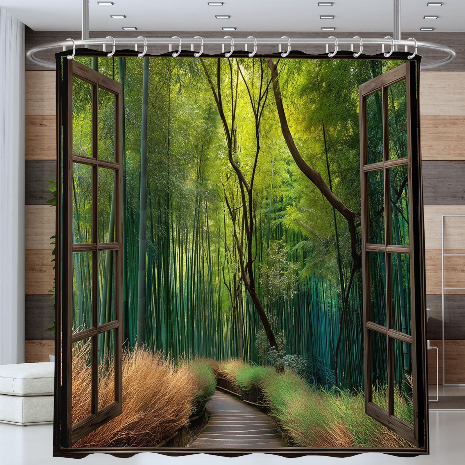 Cortina De Ducha 240x200cm, Poliéster Cortina Bañera Ventanas Madera Bosque Bambú Camino, Lavable Cortinas De Baño con 12 Ganchos, Bosque Denso Impermeable Secado Rápido, Ducha Y Bañera