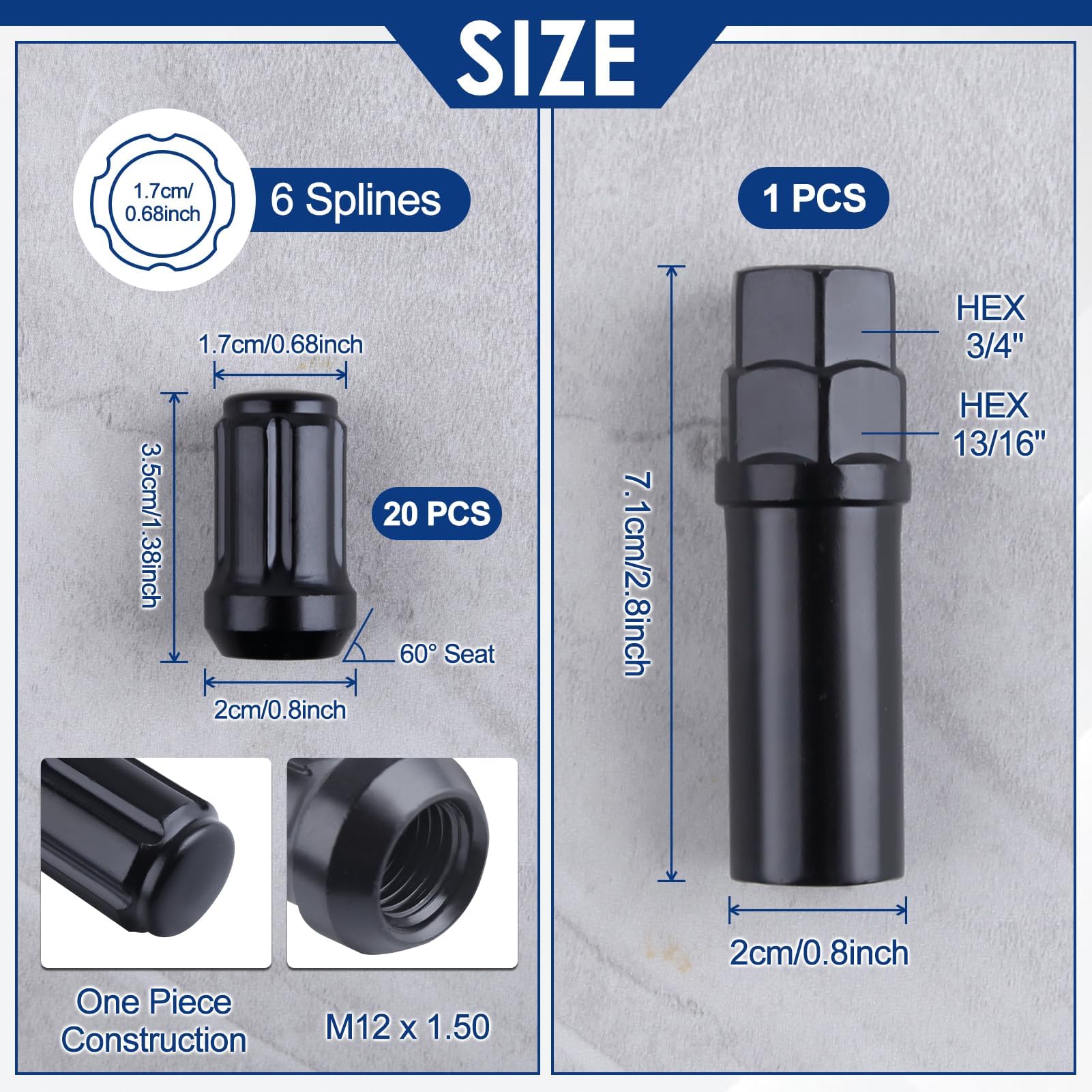 LEONTOOL 20pc M12x1.5 Lug Muttern-Ersatz für Aftermarket-Rad, 1.38" hoch konischen Sitz 60° schwarz 6 Spline geschlossen Ende Lug Mutter mit Steckschlüssel