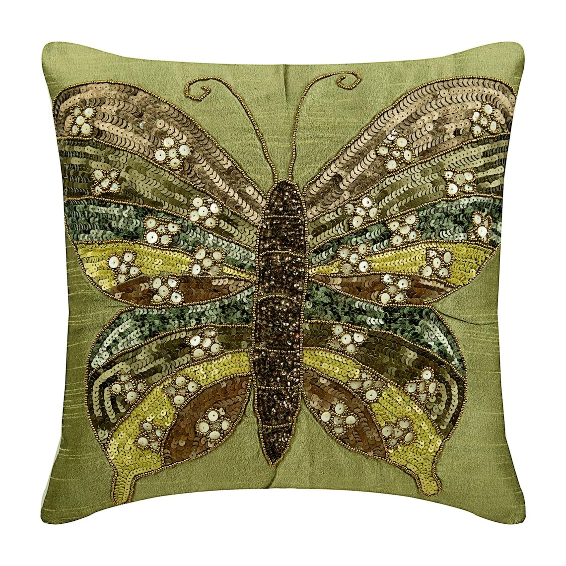 The HomeCentric Olive Green Butterfly Theme Sequins and Beaded Cushions Cover, Silk Pillowcase 55x55 cm (22x22 inch), Decorative Square Bed Throw Cushion Case Floral Modern - Butterfly Envy — image 1