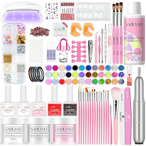 Saviland Kit de uñas acrílicas con taladro y luz UV  Polvo acrílico transparente blanco rosa acrílico líquido negro, rojo y blanco, herramientas de