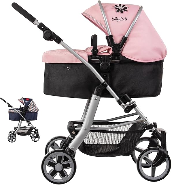 Daisy Chain Connect 5 in 1 Dolls Pram  Adjustable Handles from 48-85cms. For children of 4,5,6,7 and 8 years. In Classic Pink Fabric