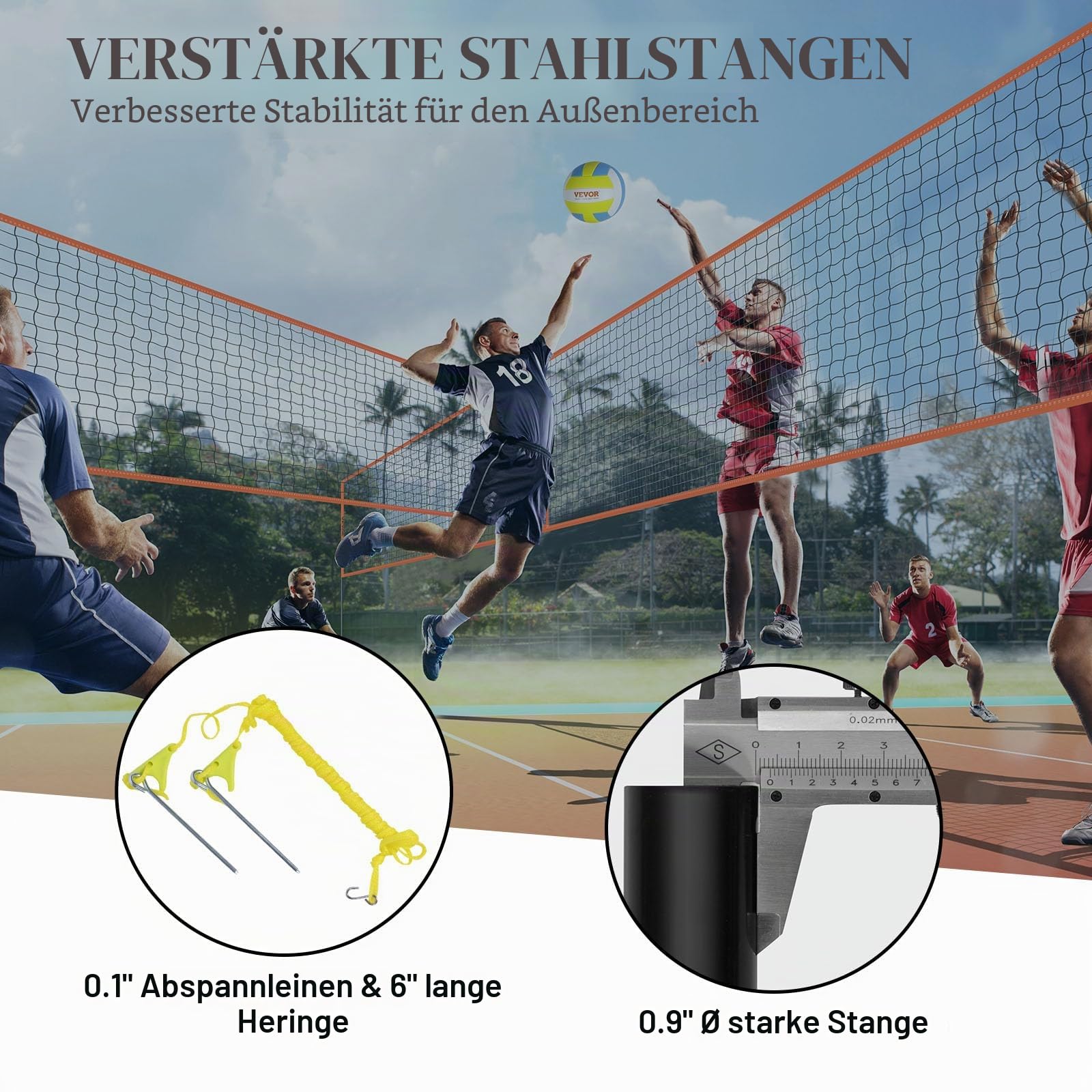 VEVOR Volleyballnetz Höhenverstellbar 4,3 x 2,2 m Tragbarer Beachvolleyball-Netz Orange mit Volleyball & Tragetasche