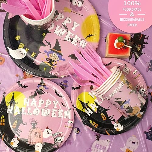 Miniatura 4 de Suministros para fiesta de Halloween  Vajilla de Feliz Halloween, juegos de vajilla de truco o trato para decoración de fiesta de cumpleaños de