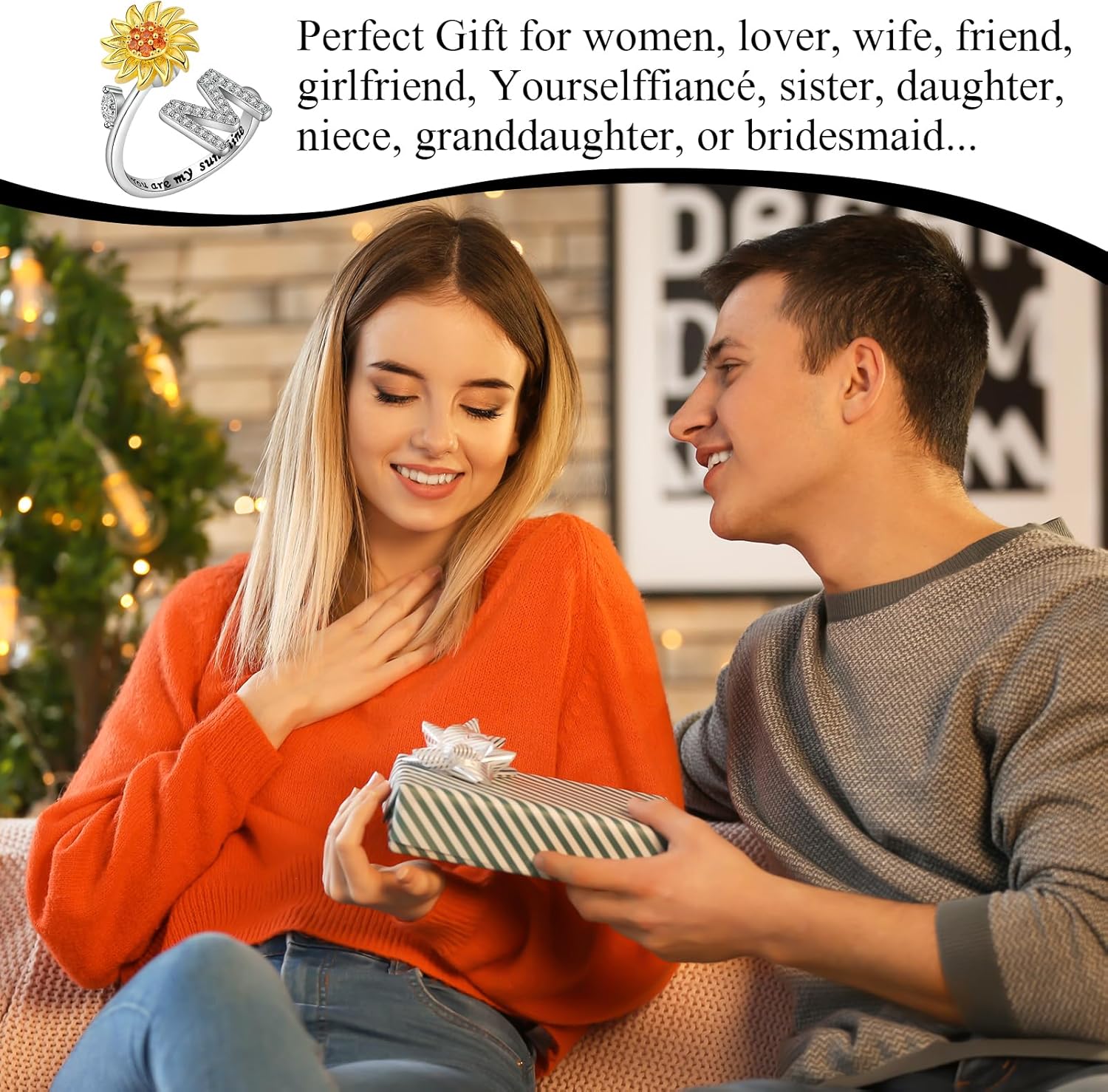 Anxiety Rings for Women,Fidget Ring Women with Adjustable Spinner Open Rings,Sunflower Initial Ring with Stress Relieving,Sunflower Gifts for Womens Valentine's Day and Birthday(Letter M) - Image 7