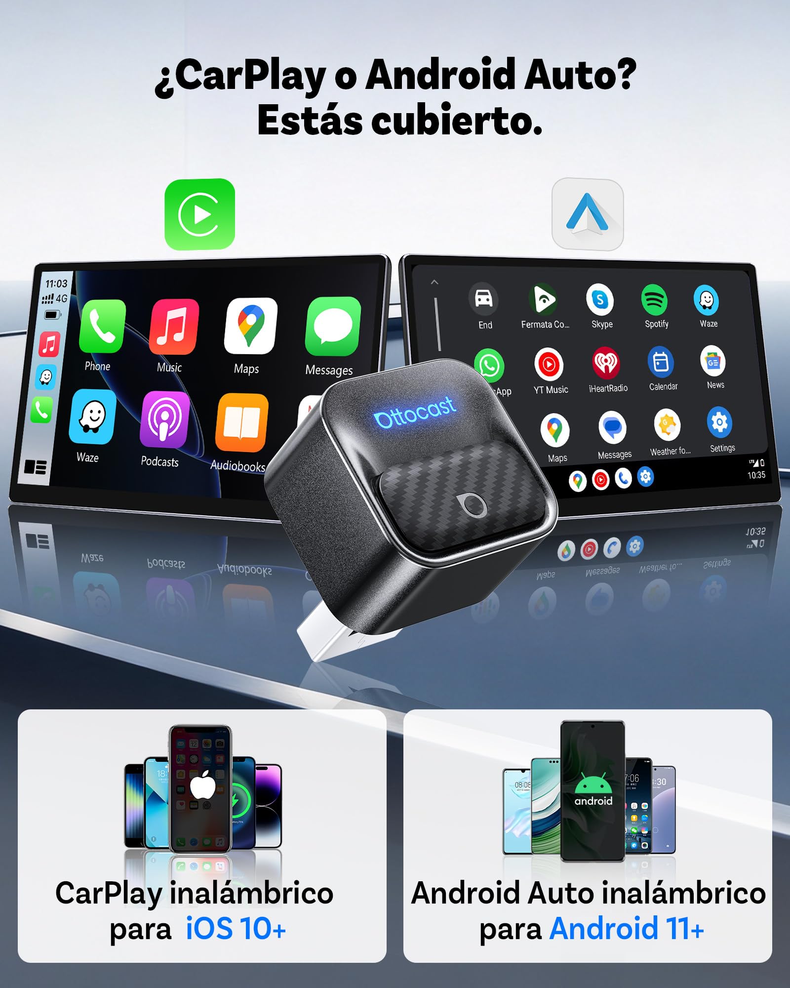 (2026 Upgraded)OTTOCAST Adaptador CarPlay Inalámbrico y Android Auto 2 en 1 | Ottocast Mini Core con Cambio de Teléfono en Un Solo Botón, WiFi 6 y Bluetooth 5.4,Convierte con Cable en Inalámbrico