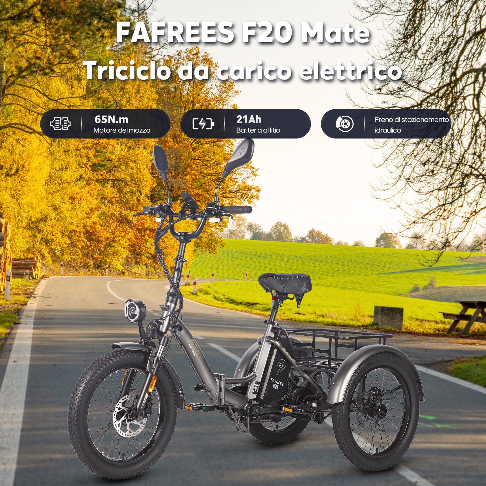 Fafrees F20 MATE - Triciclo Elettrico per Adulti Pieghevole con 75km Autonomia, Motore 65N.m e Freni Idraulici - Bici Elettrica 3 Ruote per Uomo Donna (NERO+post.allarg+cest.ant)