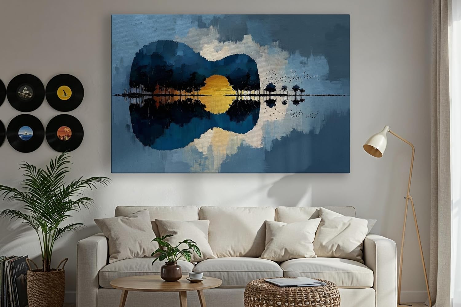 Framed Music Wall Art Canvas - Medium and Large Music-Themed Prints for Living Room, Office, Studio, Airbnb, Café Décor (Guitar Lake Sunset Reflections, 16" L x 24" W)